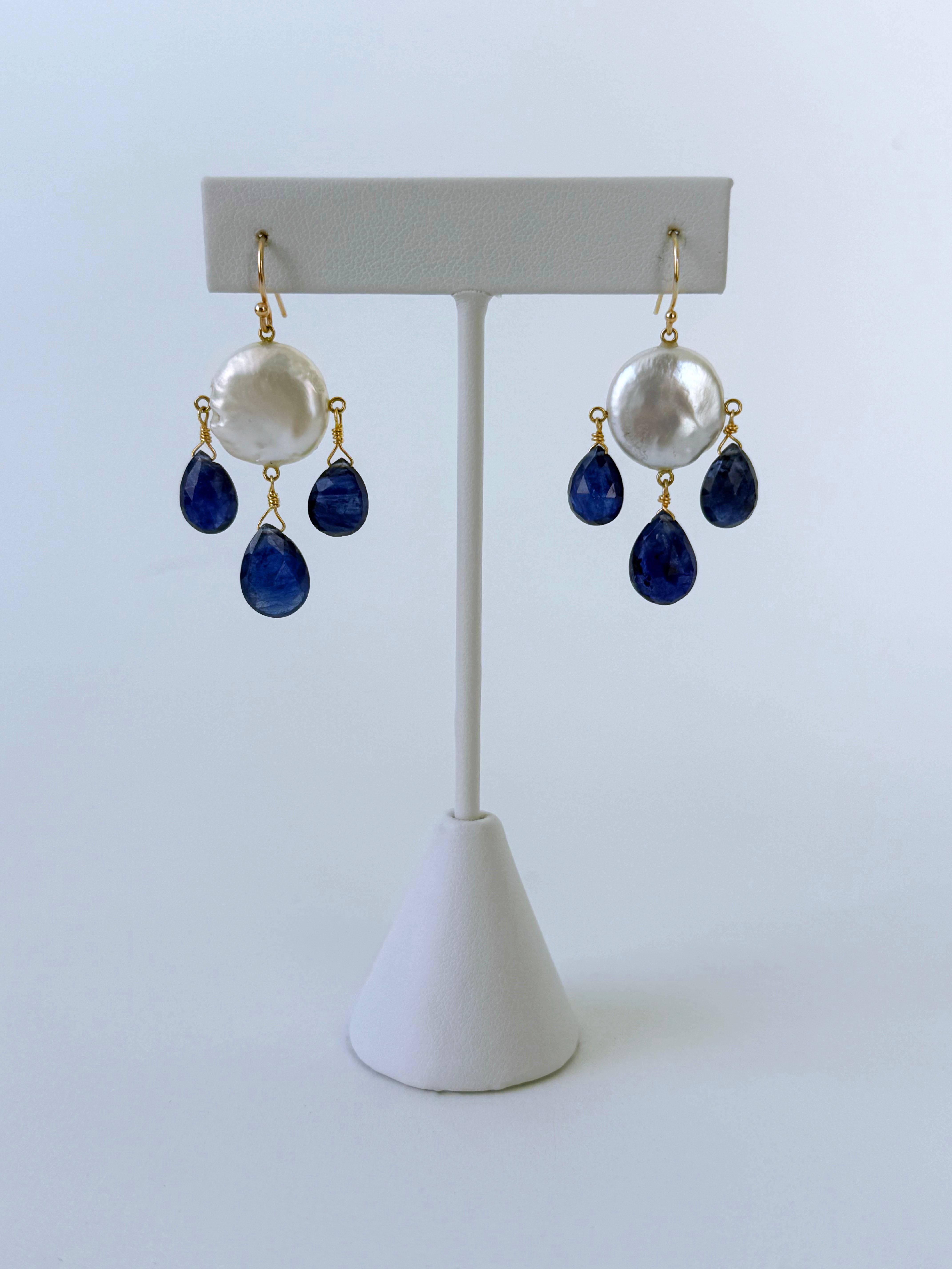 Marina J. Blue Kyanite & Pearl Chandelier Earrings with Solid 14k Yellow Gold In New Condition For Sale In Los Angeles, CA