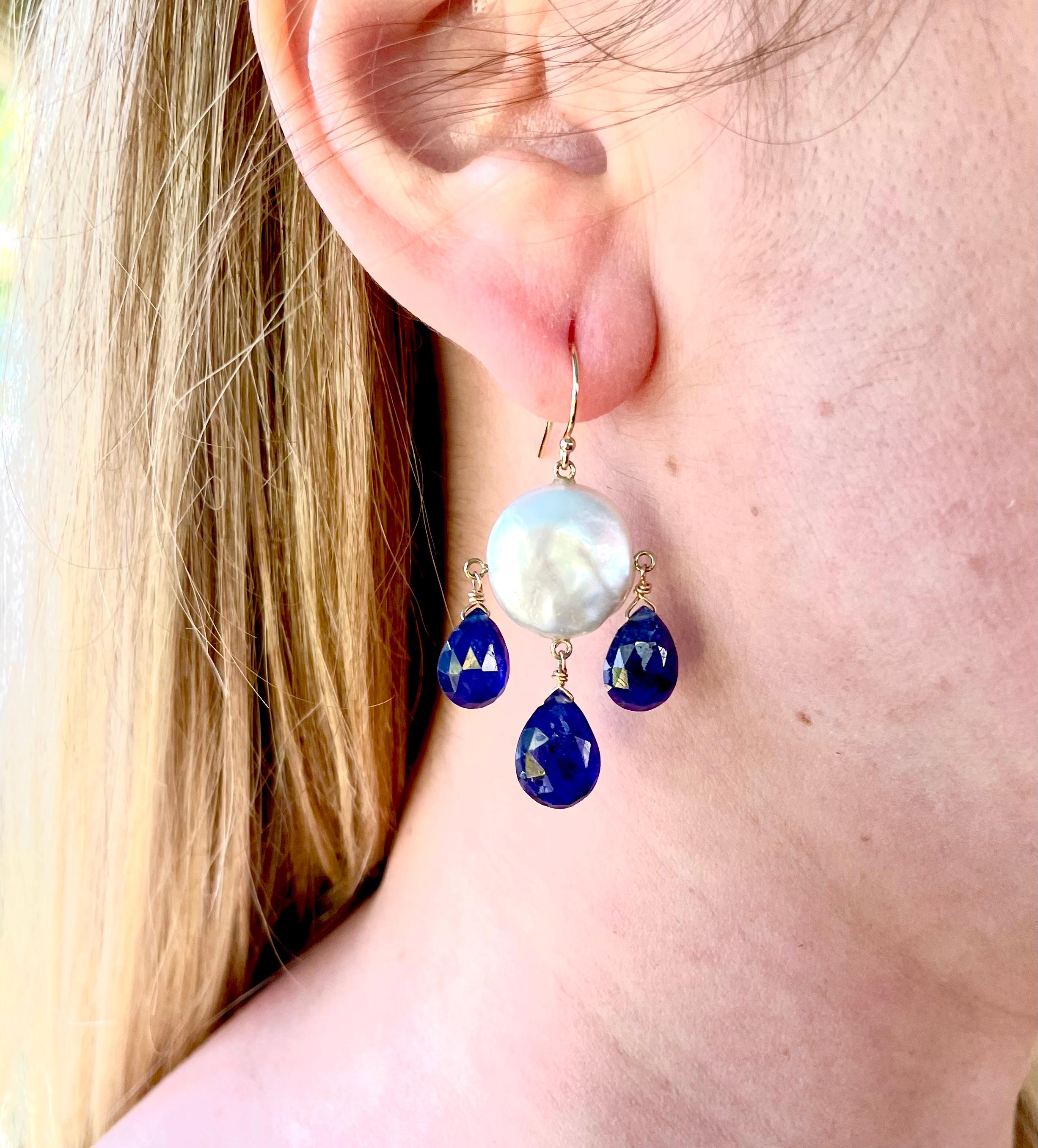 Bead Marina J. Blue Kyanite & Pearl Chandelier Earrings with Solid 14k Yellow Gold For Sale