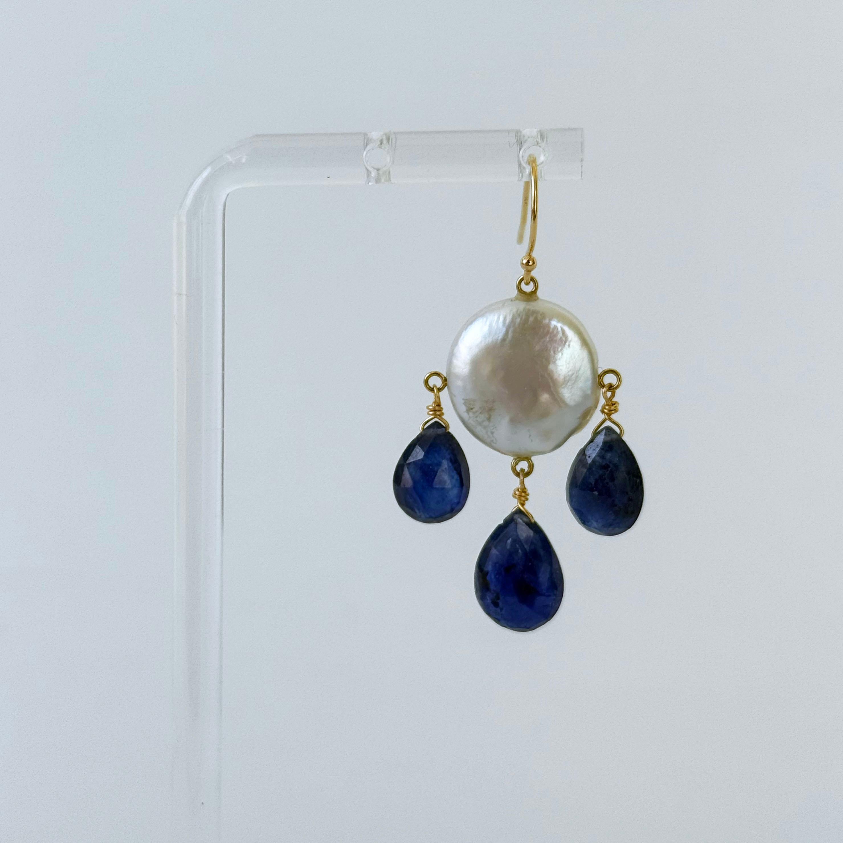 Women's Marina J. Blue Kyanite & Pearl Chandelier Earrings with Solid 14k Yellow Gold For Sale