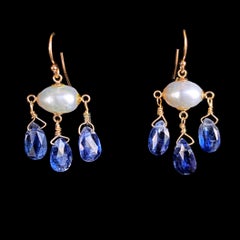 Marina J. Blue Kyanite, Pearl & Solid 14k Yellow Gold Chandelier Earrings