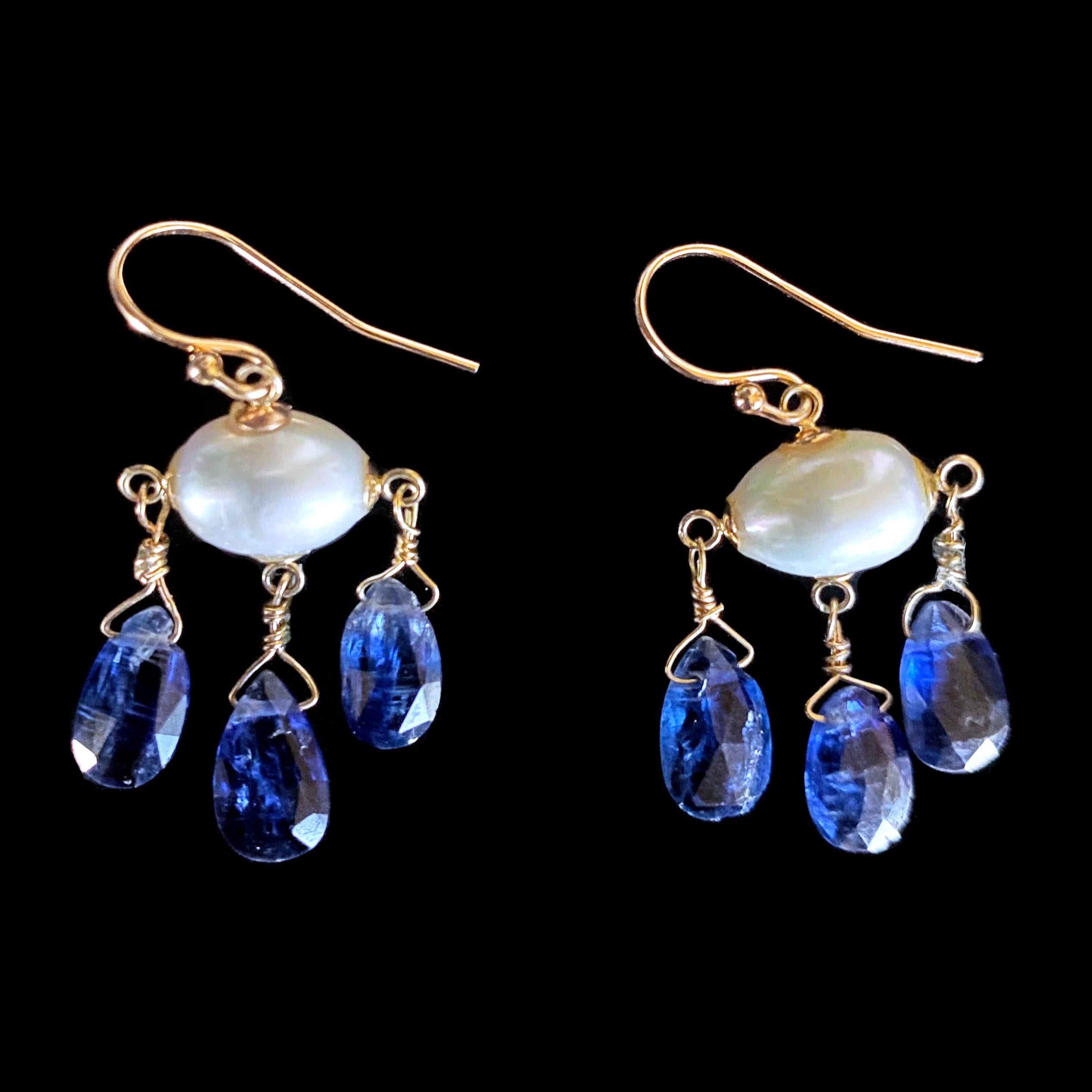 Briolette Cut Marina J. Blue Kyanite, Pearl & Solid 14k Yellow Gold Chandelier Earrings For Sale