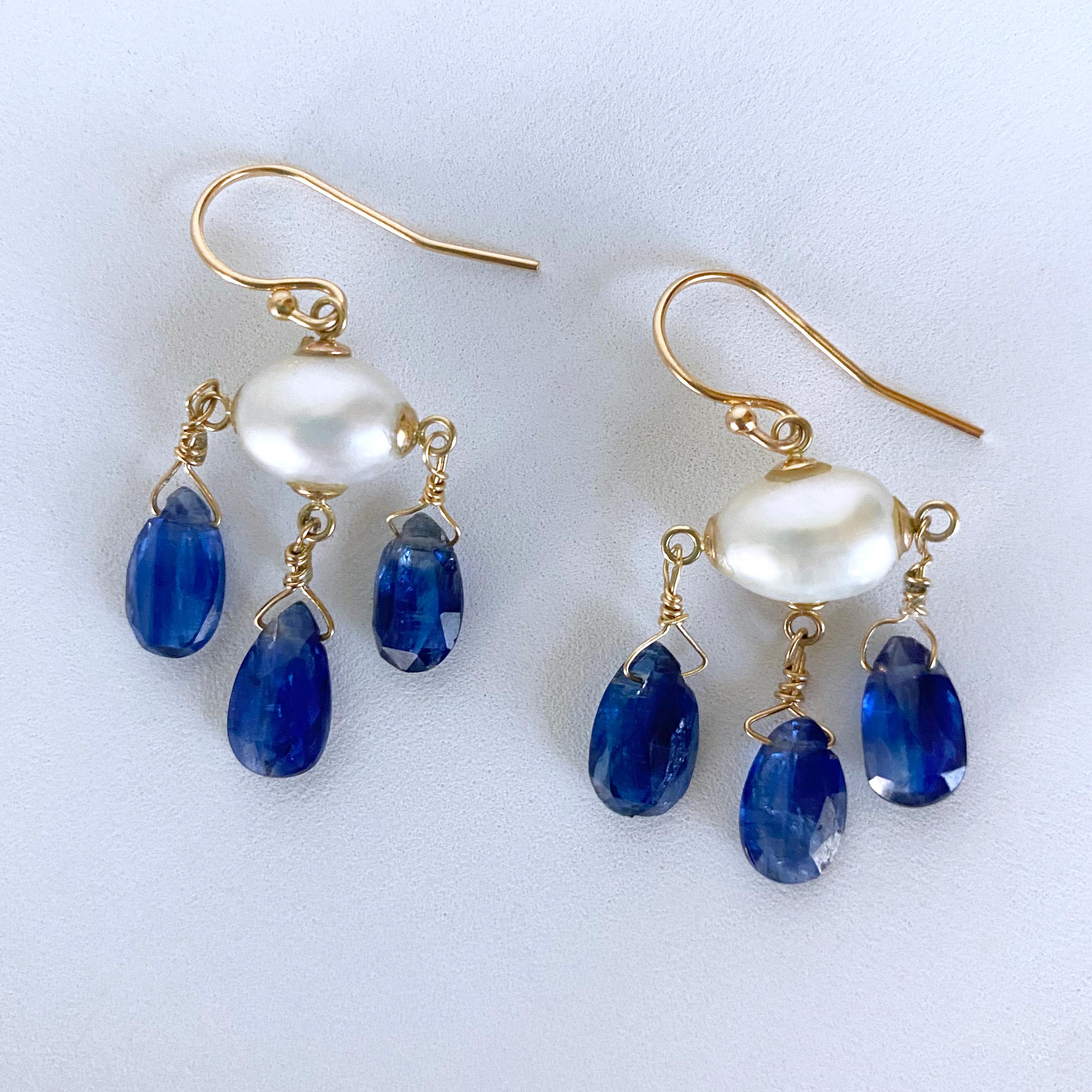 Marina J. Blue Kyanite, Pearl & Solid 14k Yellow Gold Chandelier Earrings In New Condition For Sale In Los Angeles, CA