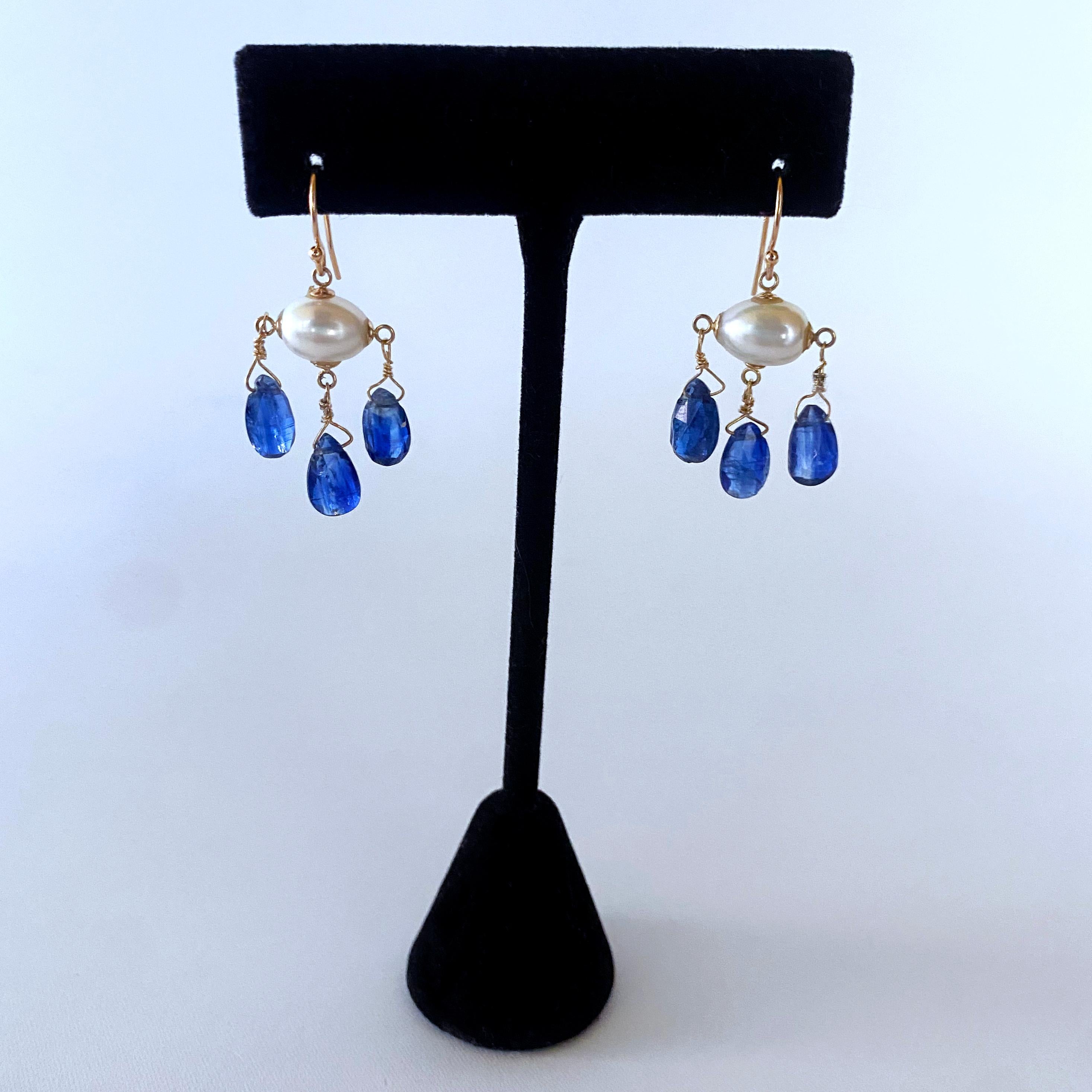 Women's Marina J. Blue Kyanite, Pearl & Solid 14k Yellow Gold Chandelier Earrings For Sale