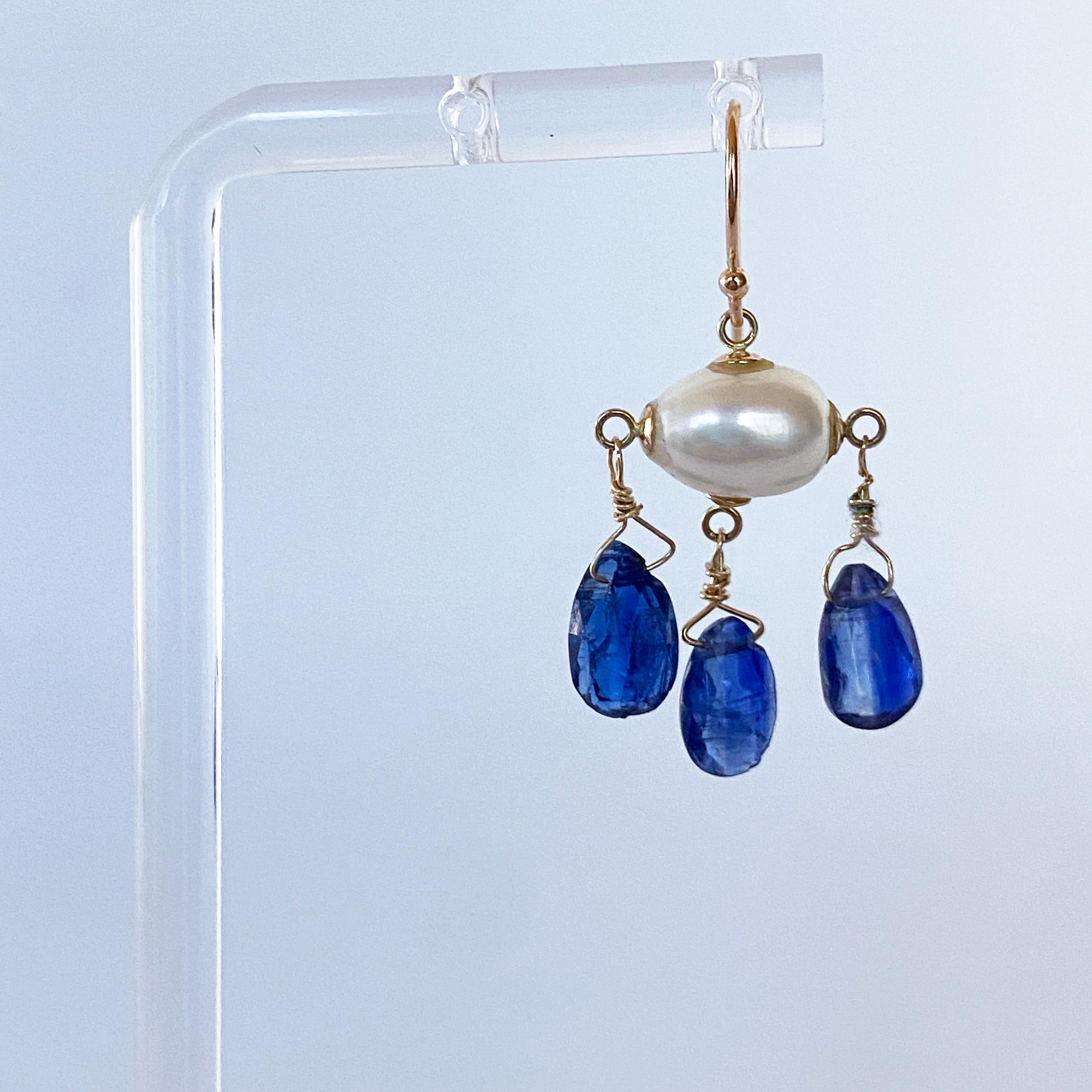 Marina J. Blue Kyanite, Pearl & Solid 14k Yellow Gold Chandelier Earrings For Sale 1