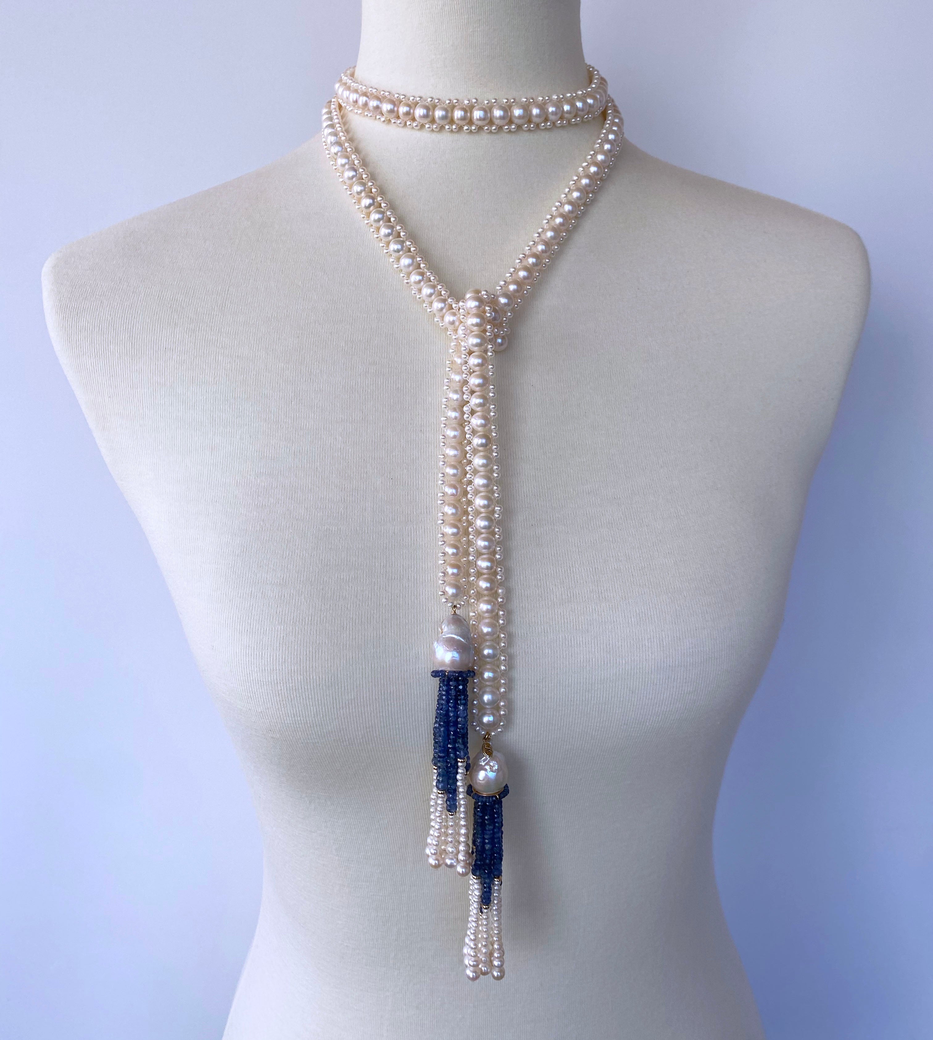 Gorgeous Sautoir all hand made by Marina J. in Los Angeles. This gorgeous piece is made of all real high luster white Pearls (2.5mm and 8mm) woven together. Measuring 46 inches long sans Tassel, each end of this Sautoir meets at a beautiful 3.75