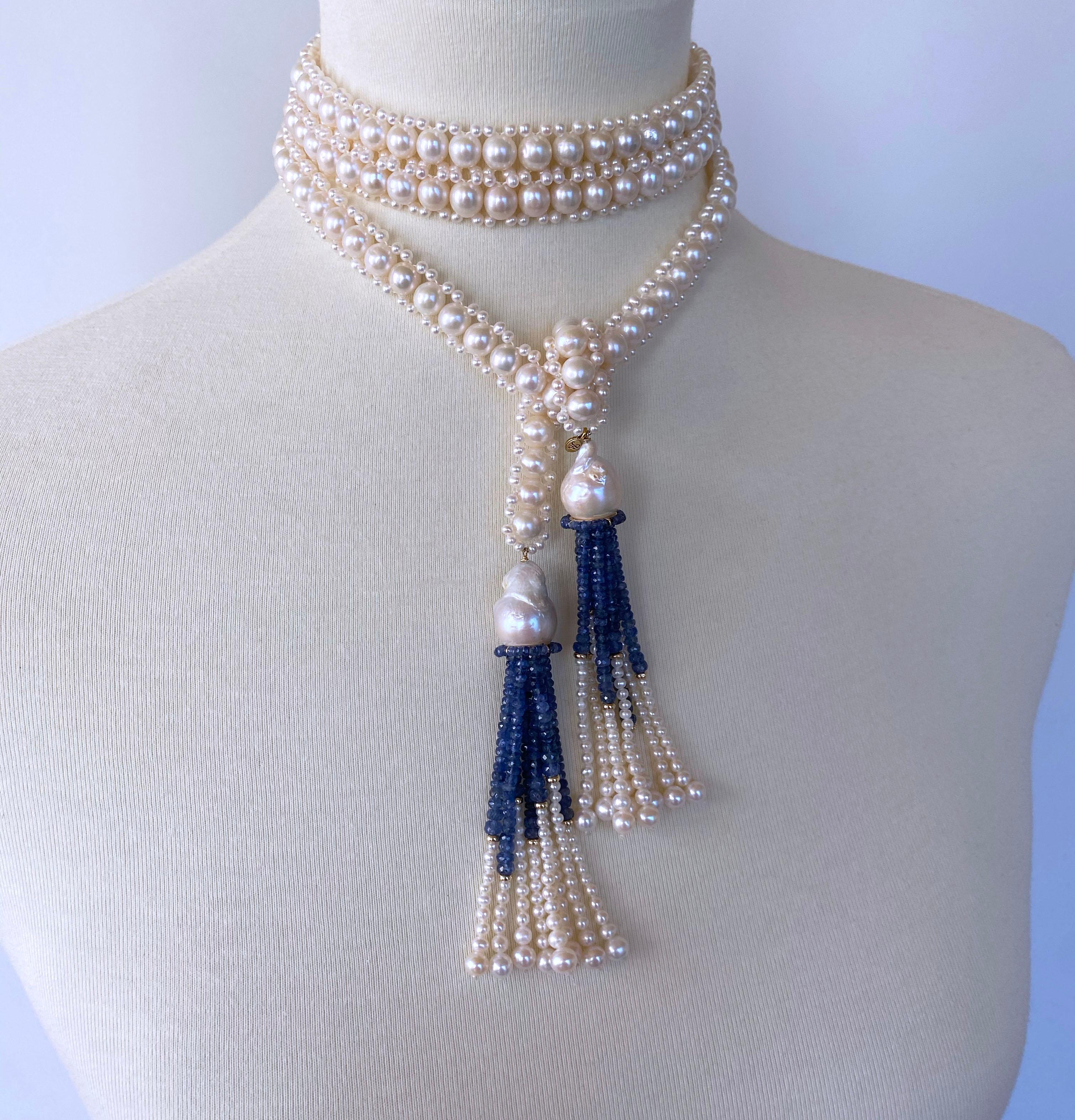 Marina J. Blue Sapphire & Baroque Pearl Tassel Sautoir with 14k Yellow Gold In New Condition For Sale In Los Angeles, CA