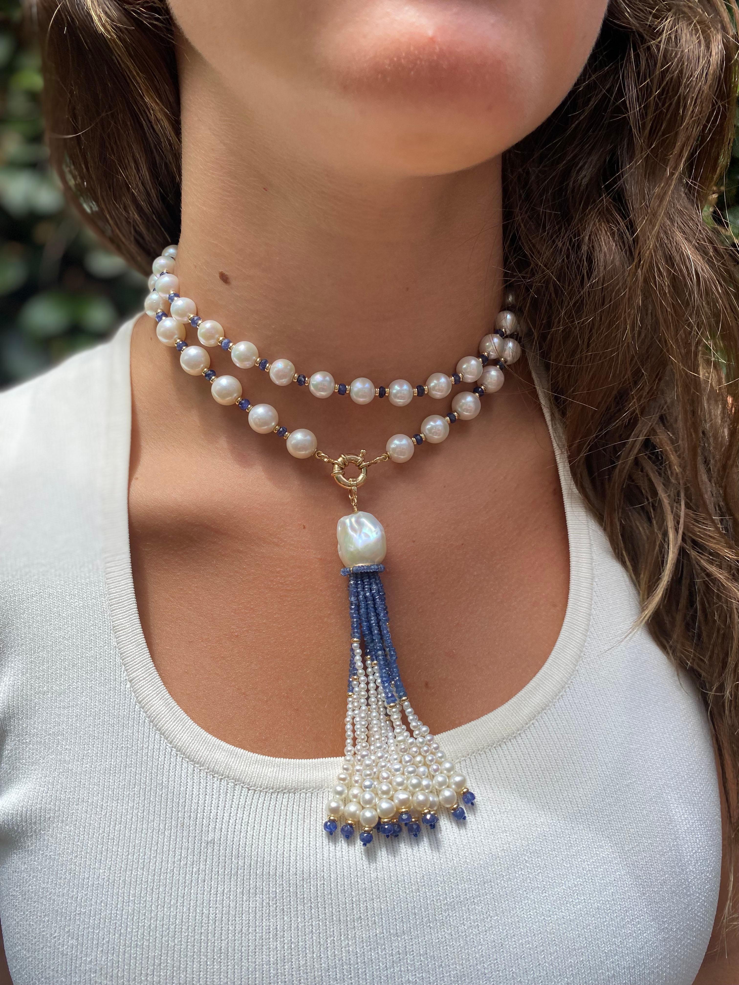 Gorgeous Sautoir by Marina J. This piece is made using all cultured Pearls which display a beautiful iridescent sheen, Faceted Blue Sapphires and 14k Yellow Gold findings. Due to their semi translucent nature, all the Sapphire used in this Sautoir
