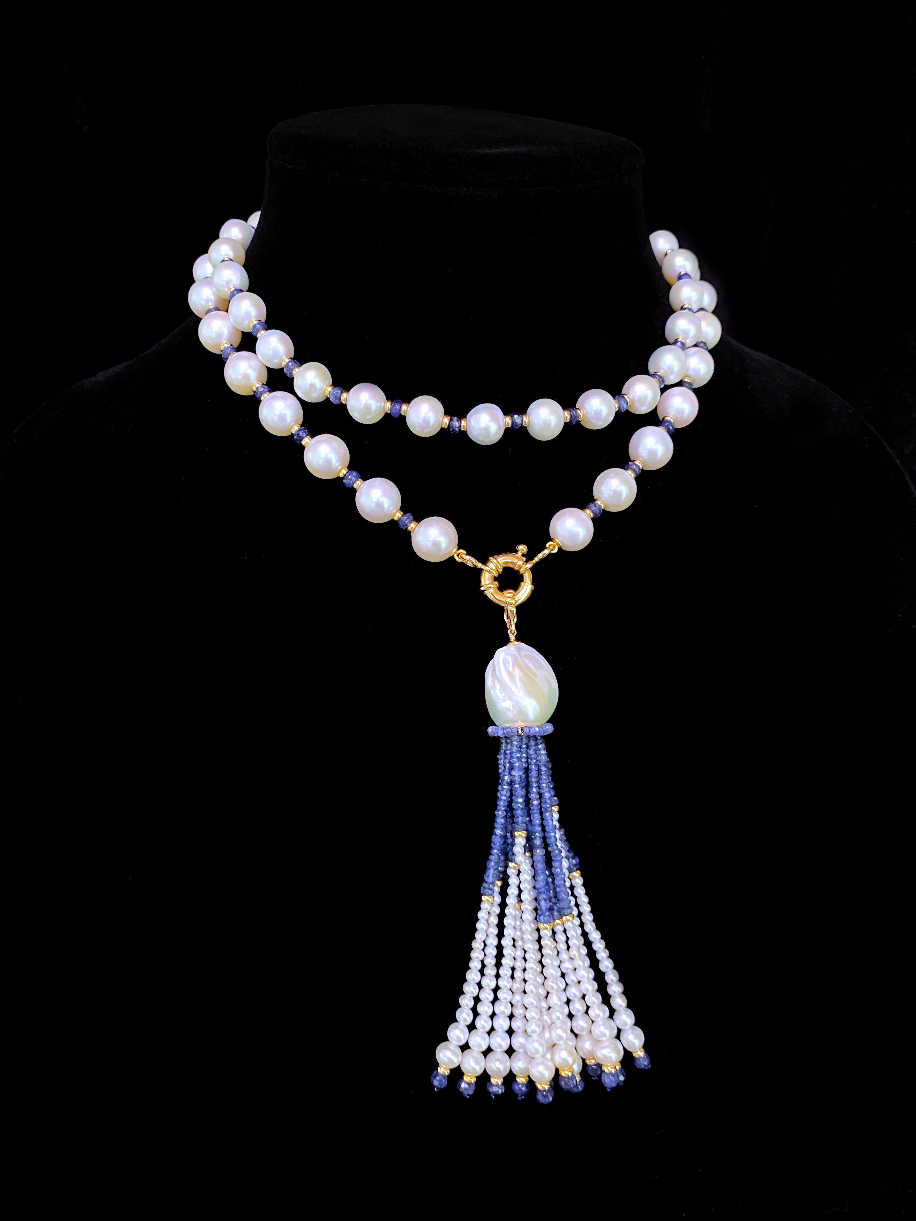Artisan Marina J. Sautoir à pampilles graduées en or jaune 14 carats, saphir bleu, perle et saphir en vente