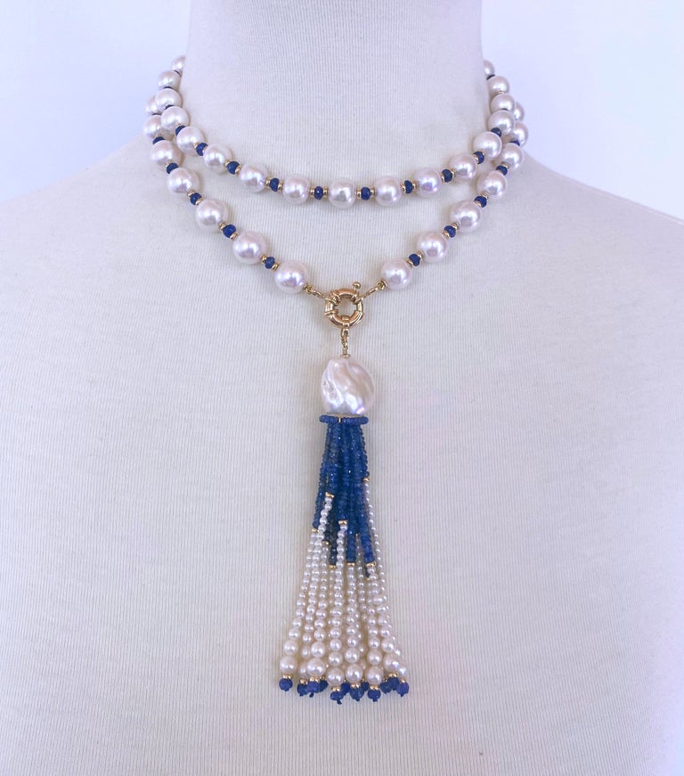 Marina J. Blue Sapphire, Pearl & 14k Yellow Gold Sautoir with Graduated Tassel In New Condition For Sale In Beverly Hills, CA