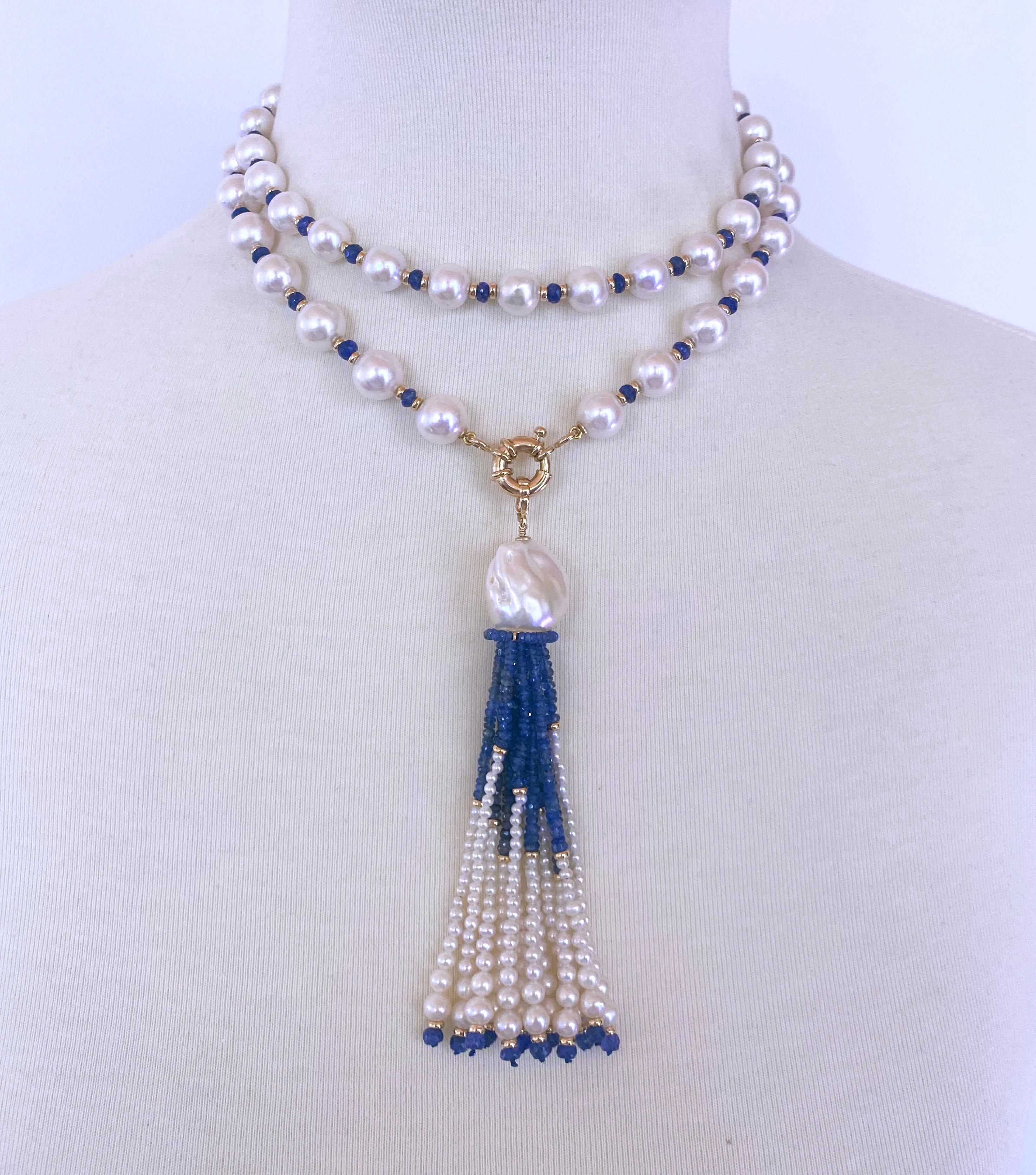 Marina J. Blue Sapphire, Pearl & 14k Yellow Gold Sautoir with Graduated Tassel In New Condition For Sale In Los Angeles, CA