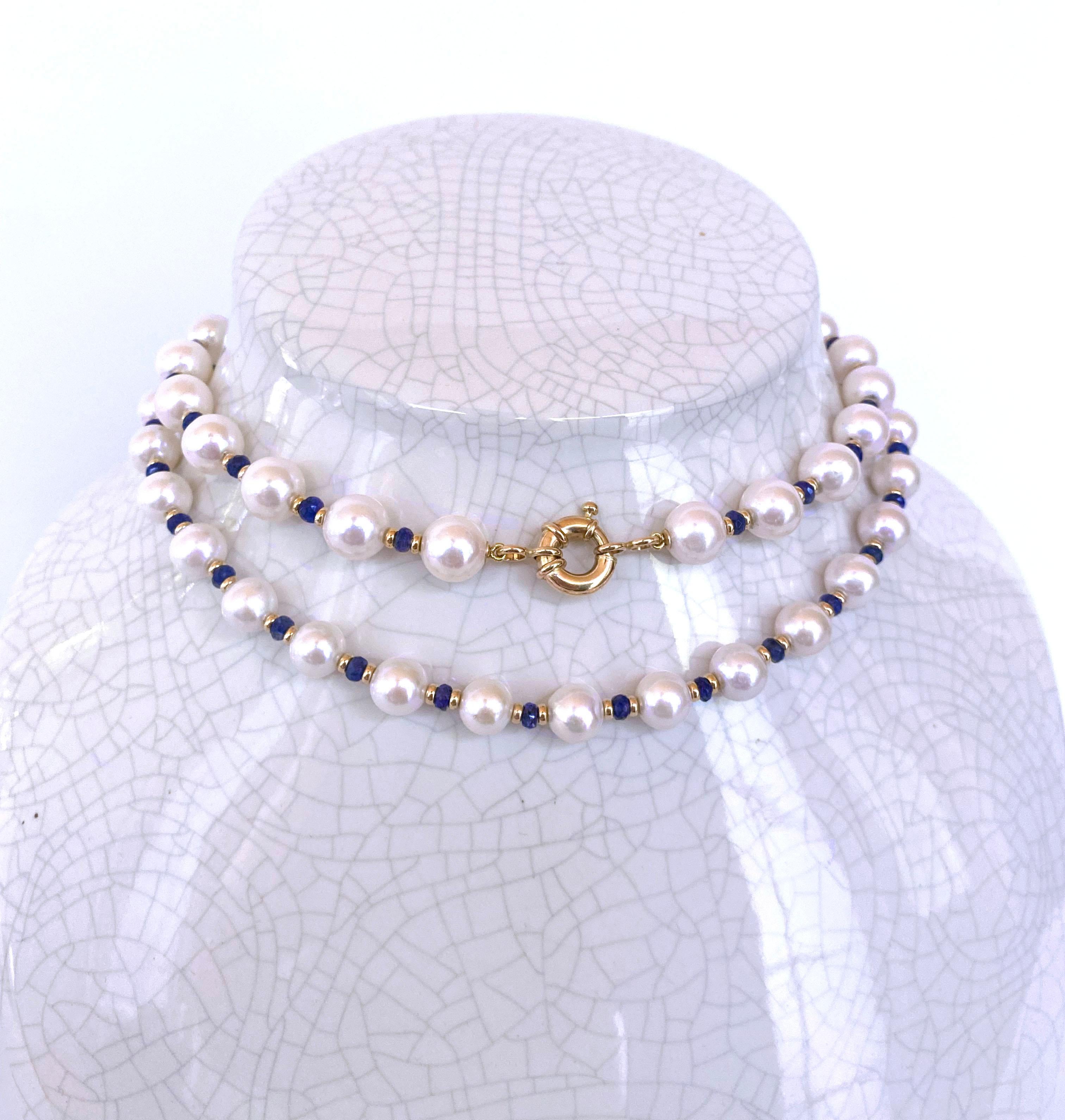 Marina J. Sautoir à pampilles graduées en or jaune 14 carats, saphir bleu, perle et saphir en vente 1