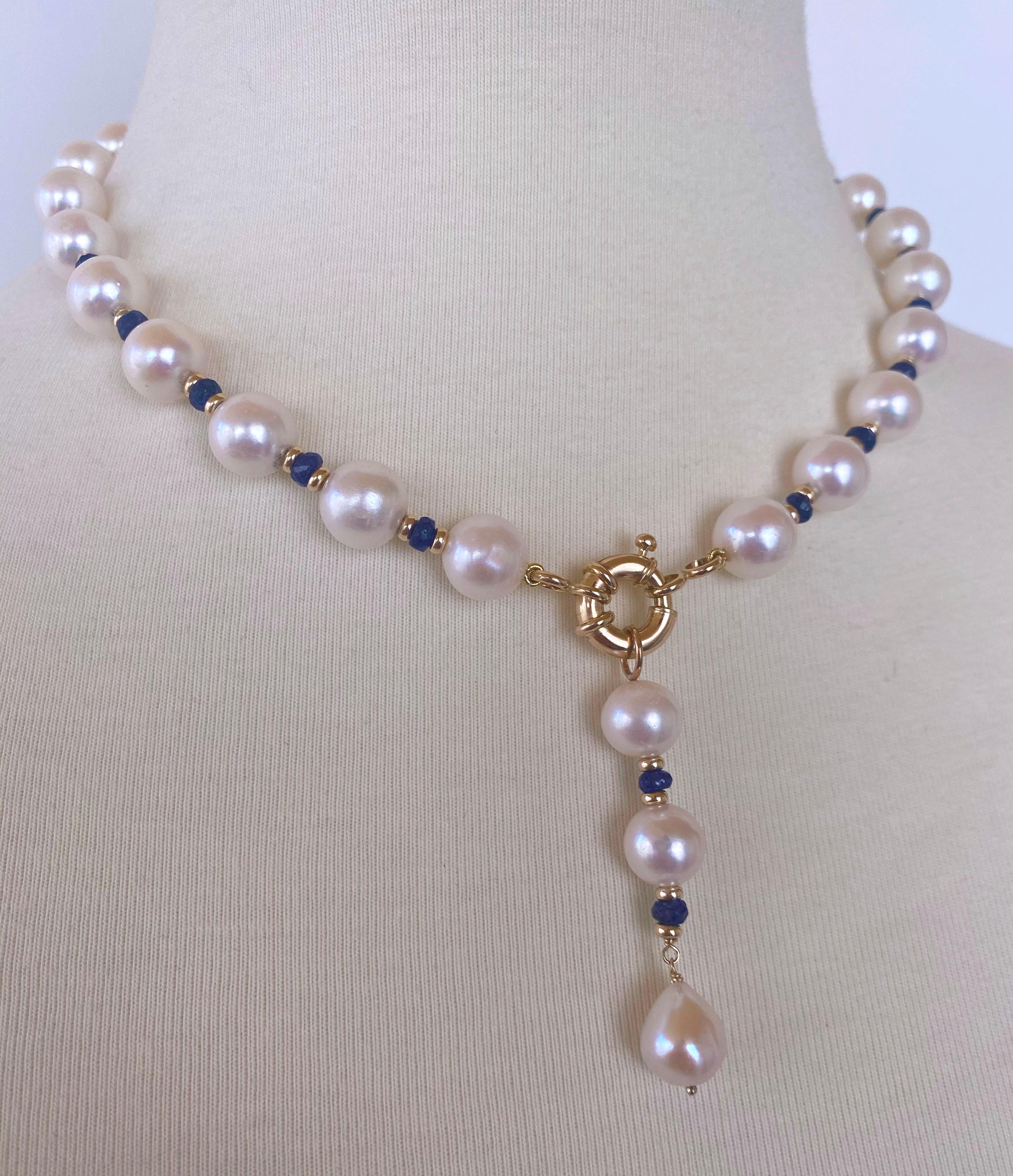Artisan Marina J. Blue Sapphire, Pearl and 14k Yellow Gold Drop Tassel Necklace
