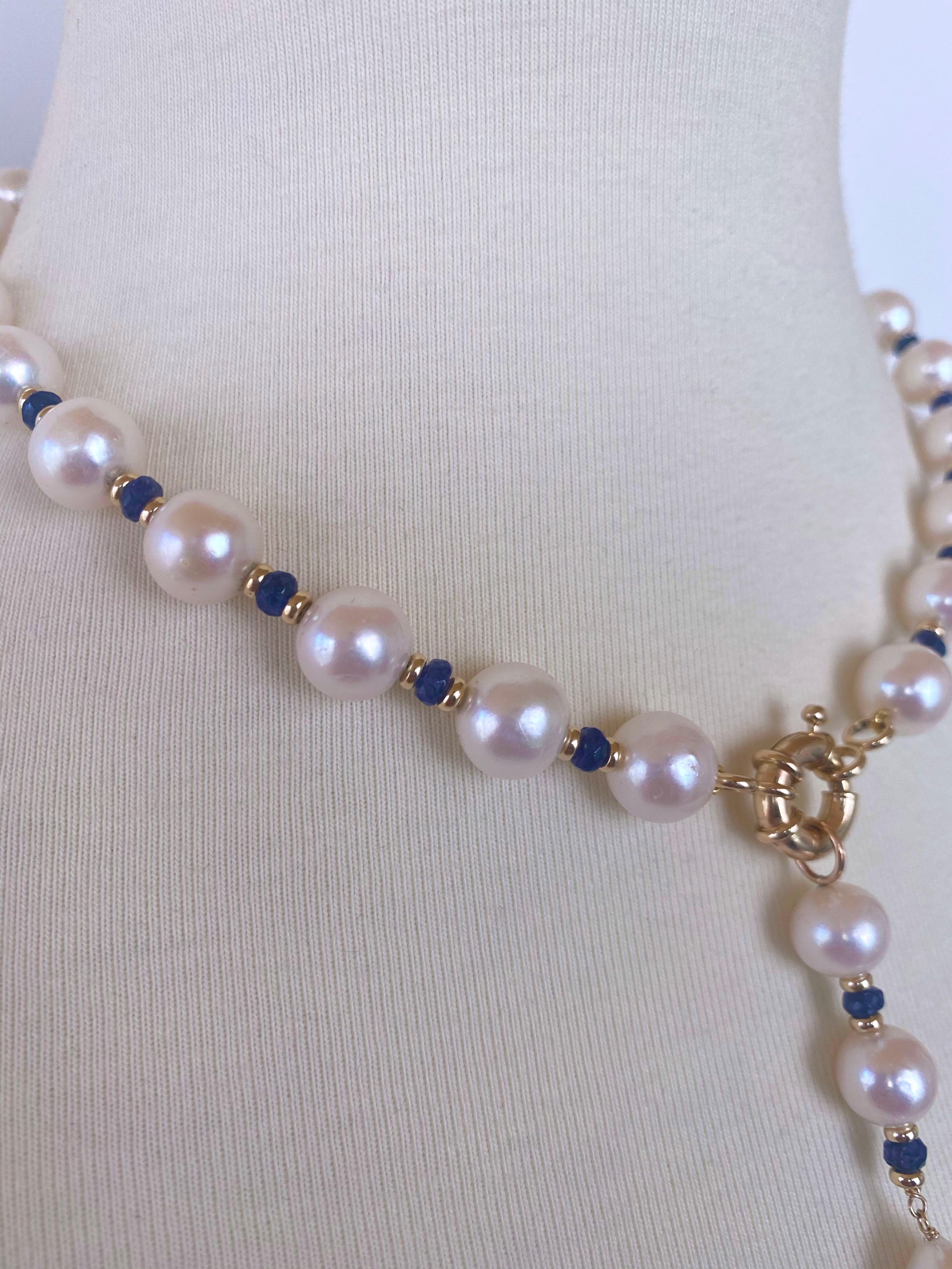 Bead Marina J. Blue Sapphire, Pearl and 14k Yellow Gold Drop Tassel Necklace