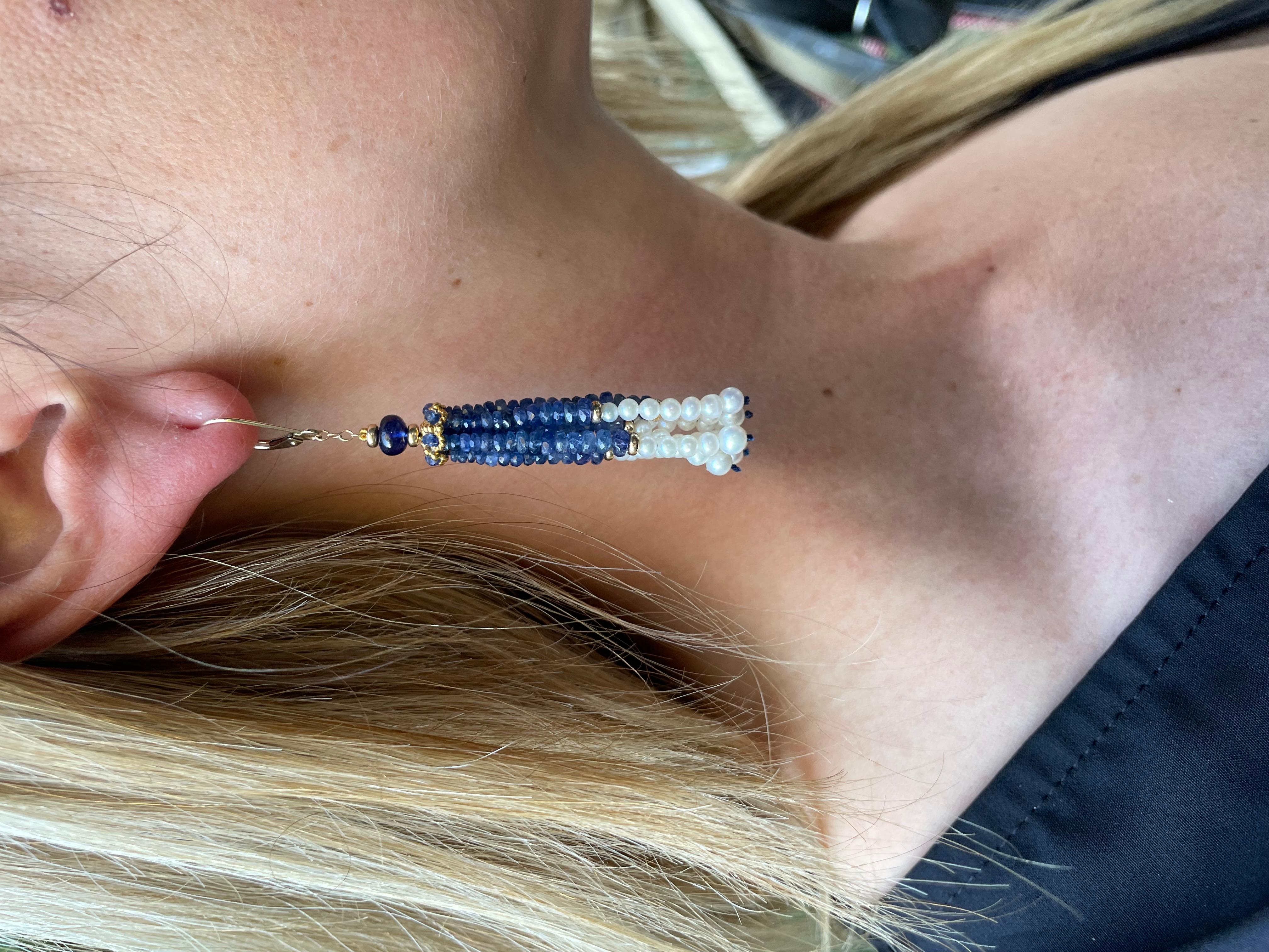 Moderne Marina J. Boucles d'oreilles saphir bleu, perle et houppe en 14k avec crochet à levier en vente