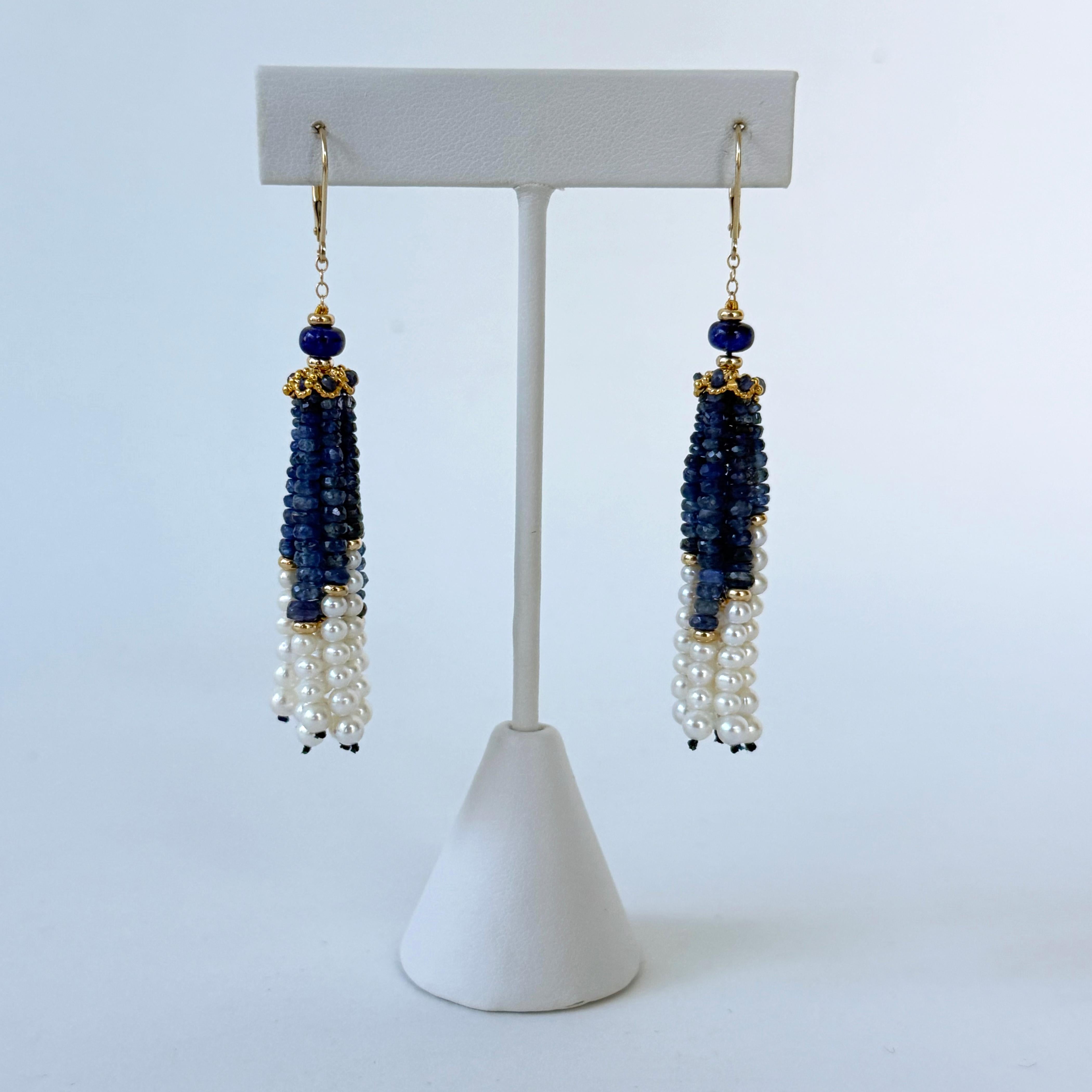 Marina J. Boucles d'oreilles saphir bleu, perle et houppe en 14k avec crochet à levier Neuf - En vente à Los Angeles, CA