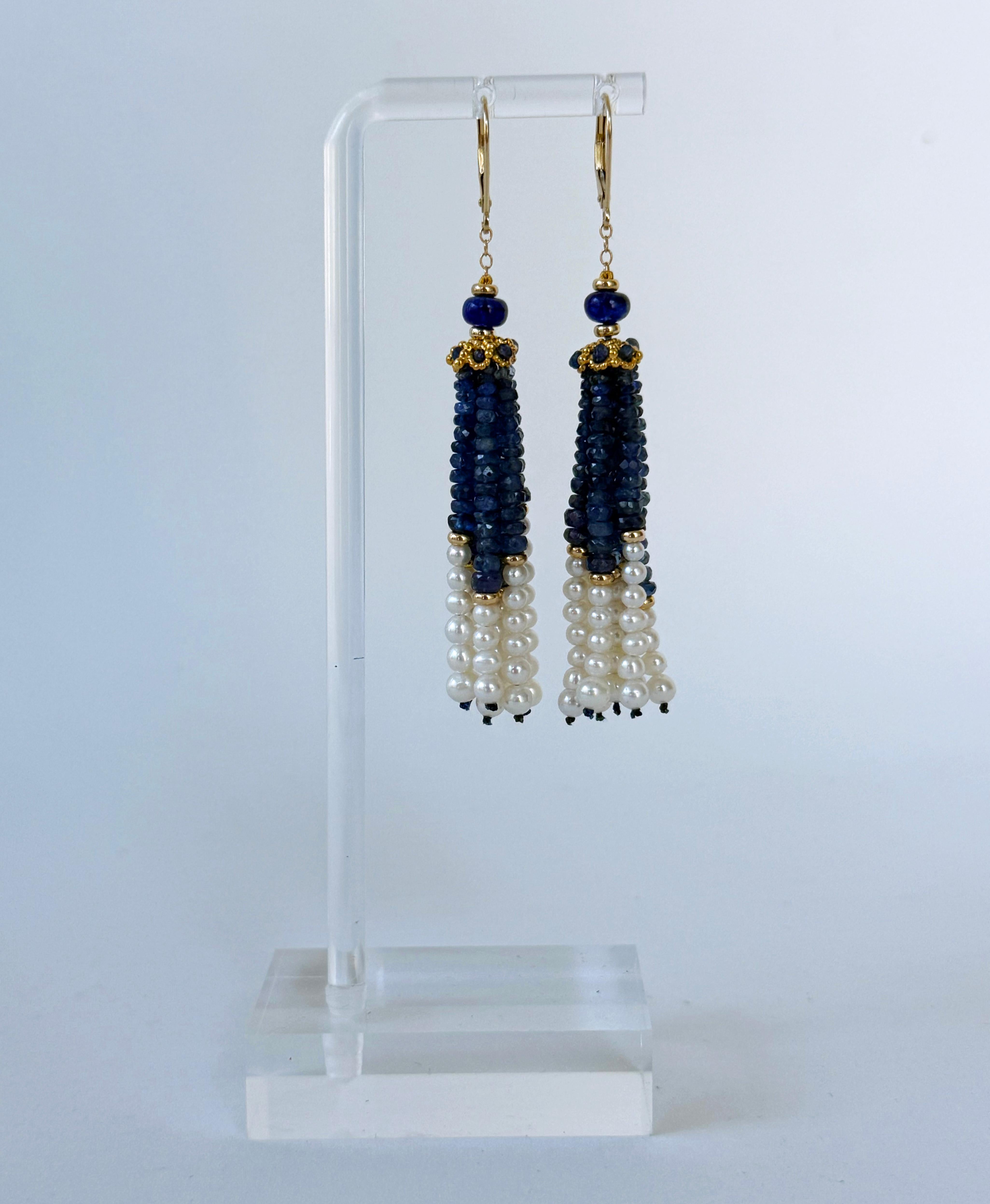 Marina J. Boucles d'oreilles saphir bleu, perle et houppe en 14k avec crochet à levier Pour femmes en vente