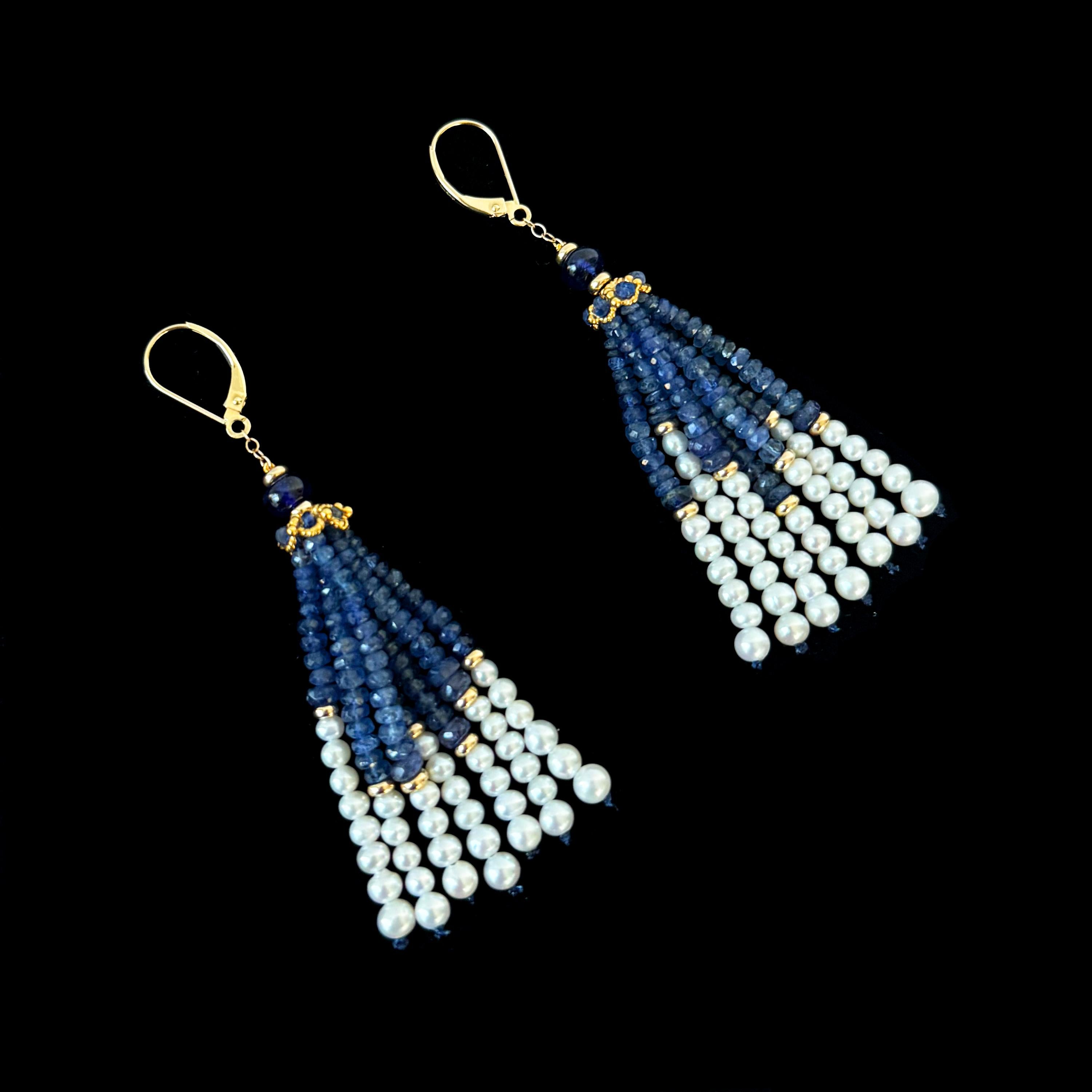 Marina J. Boucles d'oreilles saphir bleu, perle et houppe en 14k avec crochet à levier en vente 1