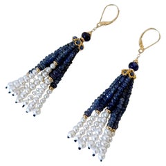 Marina J. Orecchini con zaffiro blu, perla e nappina solida in 14k con gancio a leva