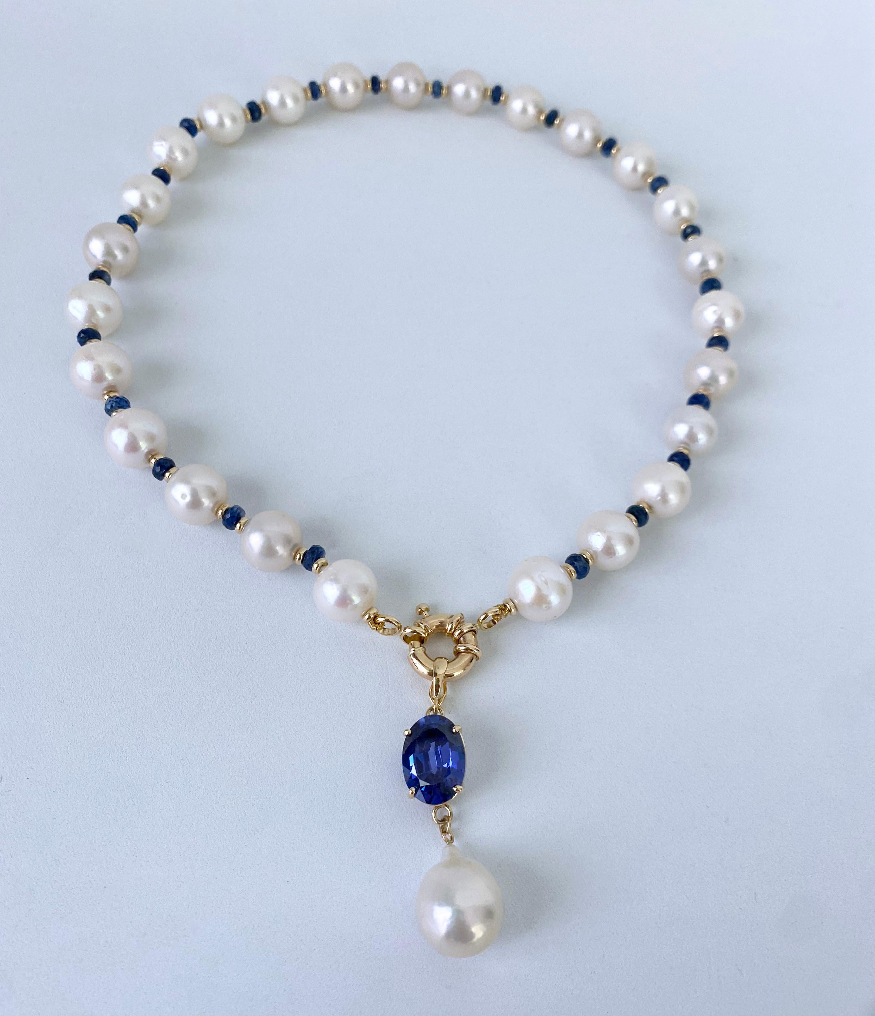 Artisan Marina J. Blue Sapphire, Pearl & Solid 14k Yellow Gold Necklace For Sale