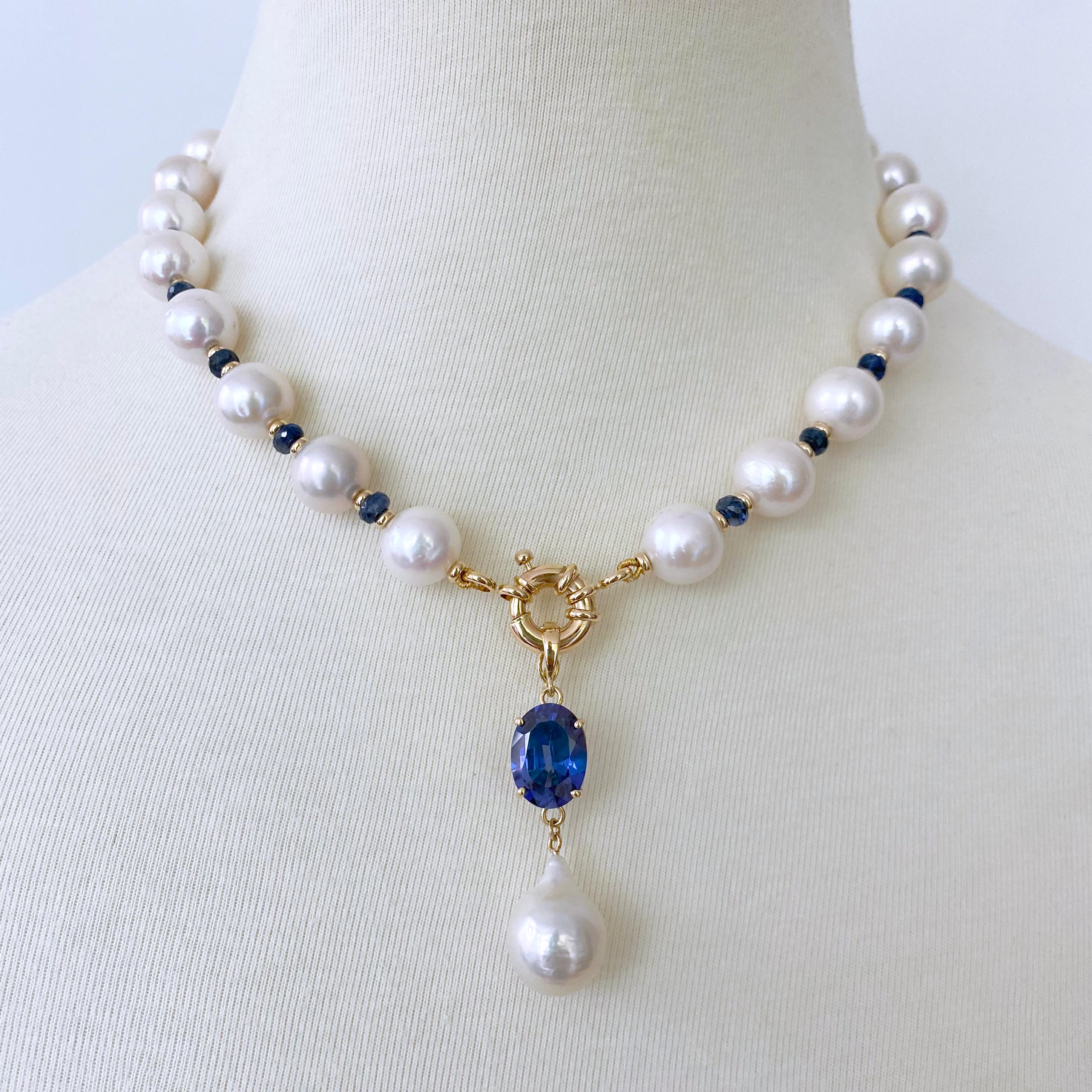 Marina J. Blue Sapphire, Pearl & Solid 14k Yellow Gold Necklace In New Condition For Sale In Los Angeles, CA