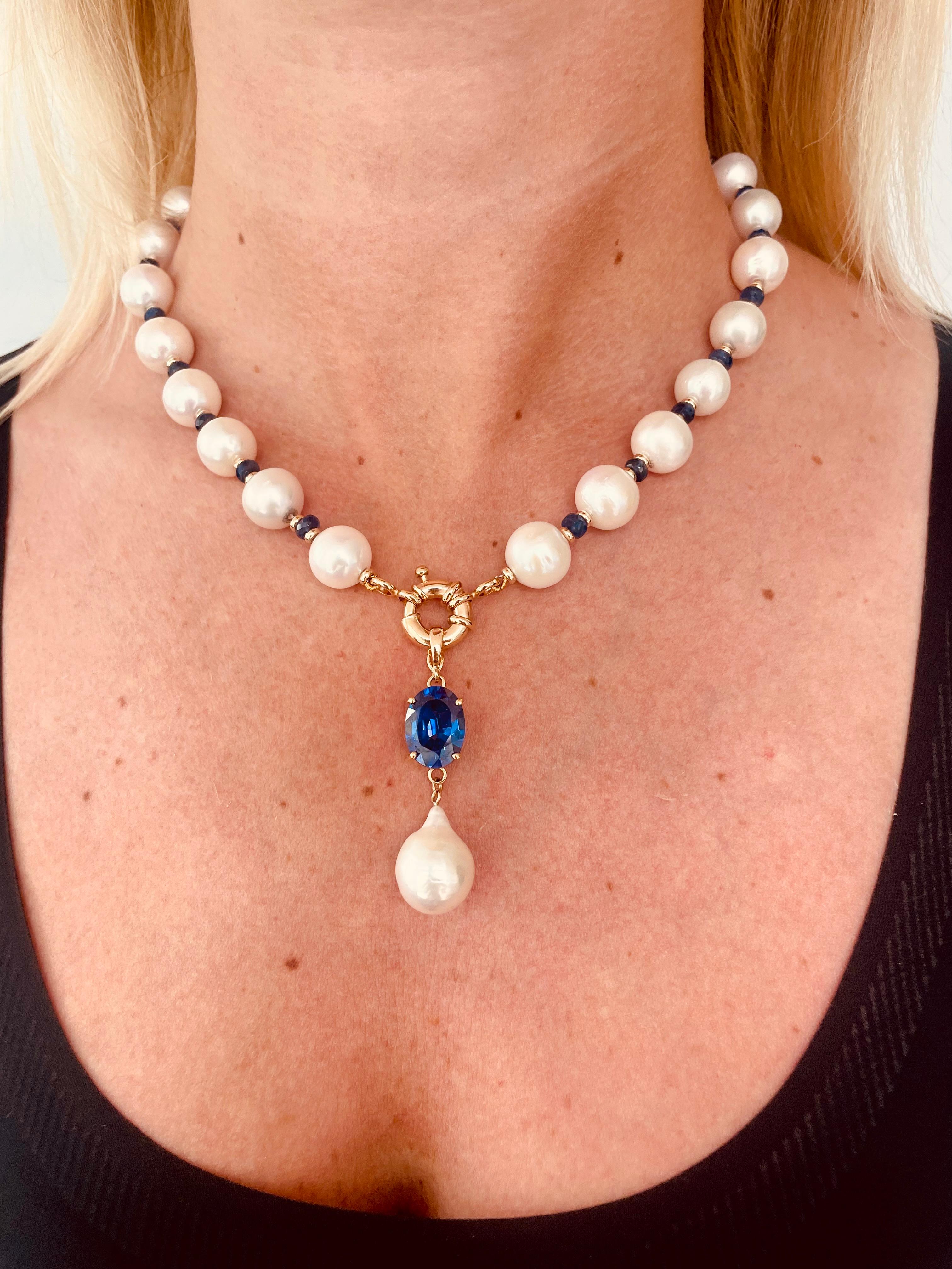 Cushion Cut Marina J. Blue Sapphire, Pearl & Solid 14k Yellow Gold Necklace For Sale