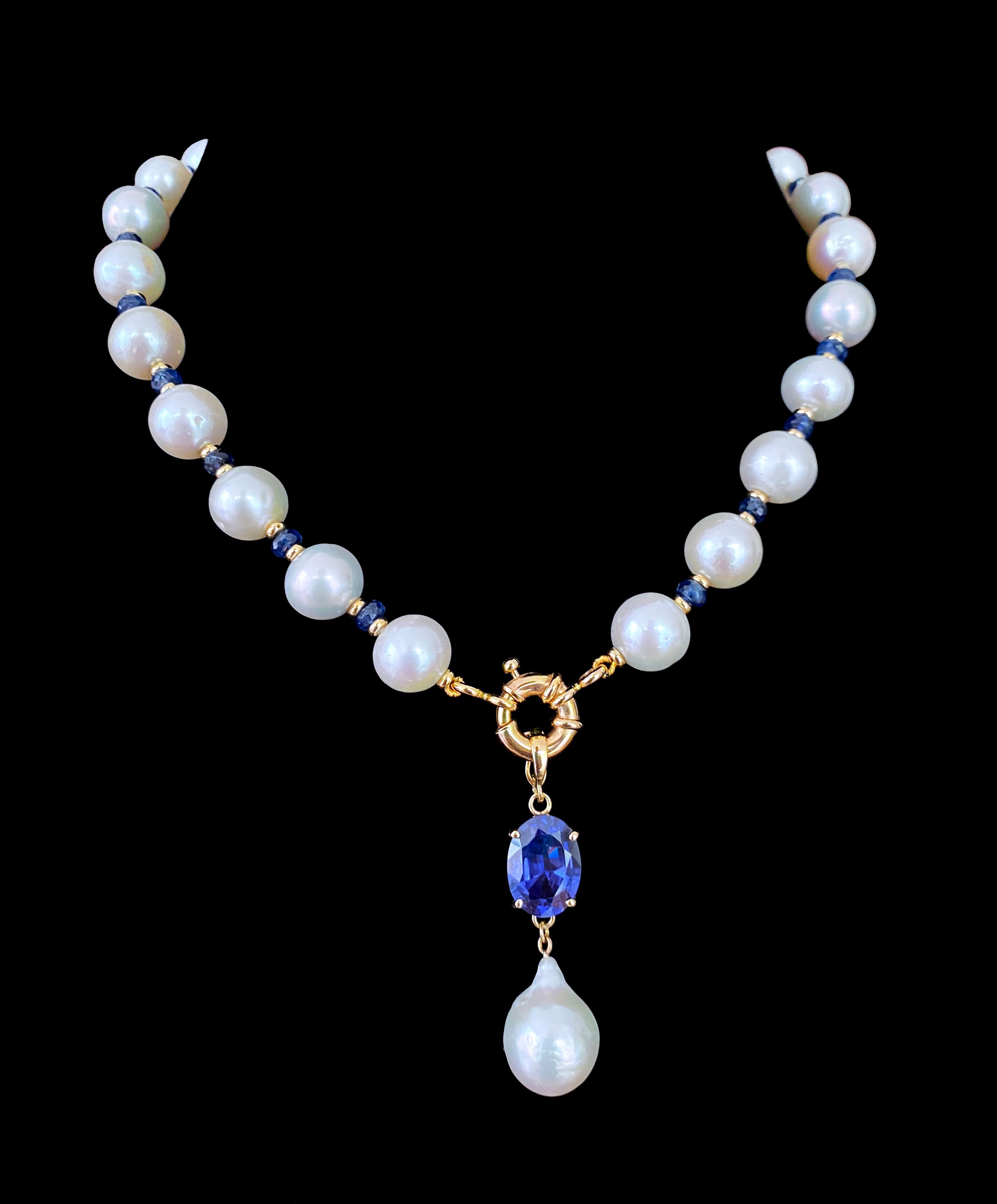 Marina J. Blue Sapphire, Pearl & Solid 14k Yellow Gold Necklace For Sale 1