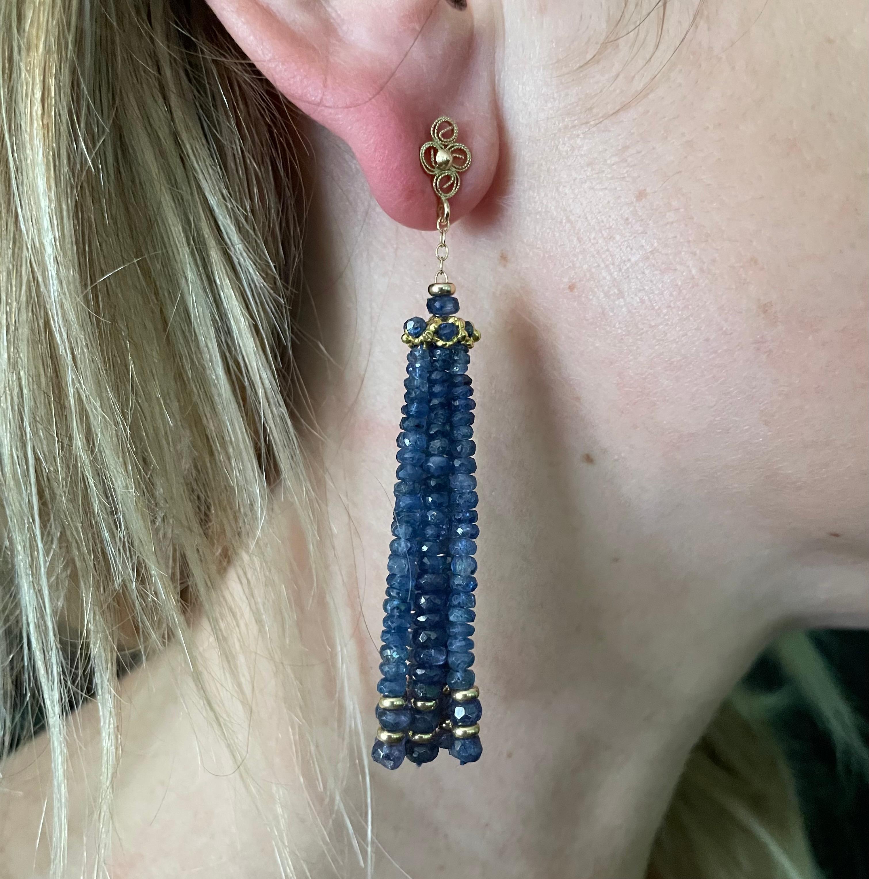 Artisan Marina j Blue Sapphire & Solid 14k Yellow Gold Tassel Earrings For Sale