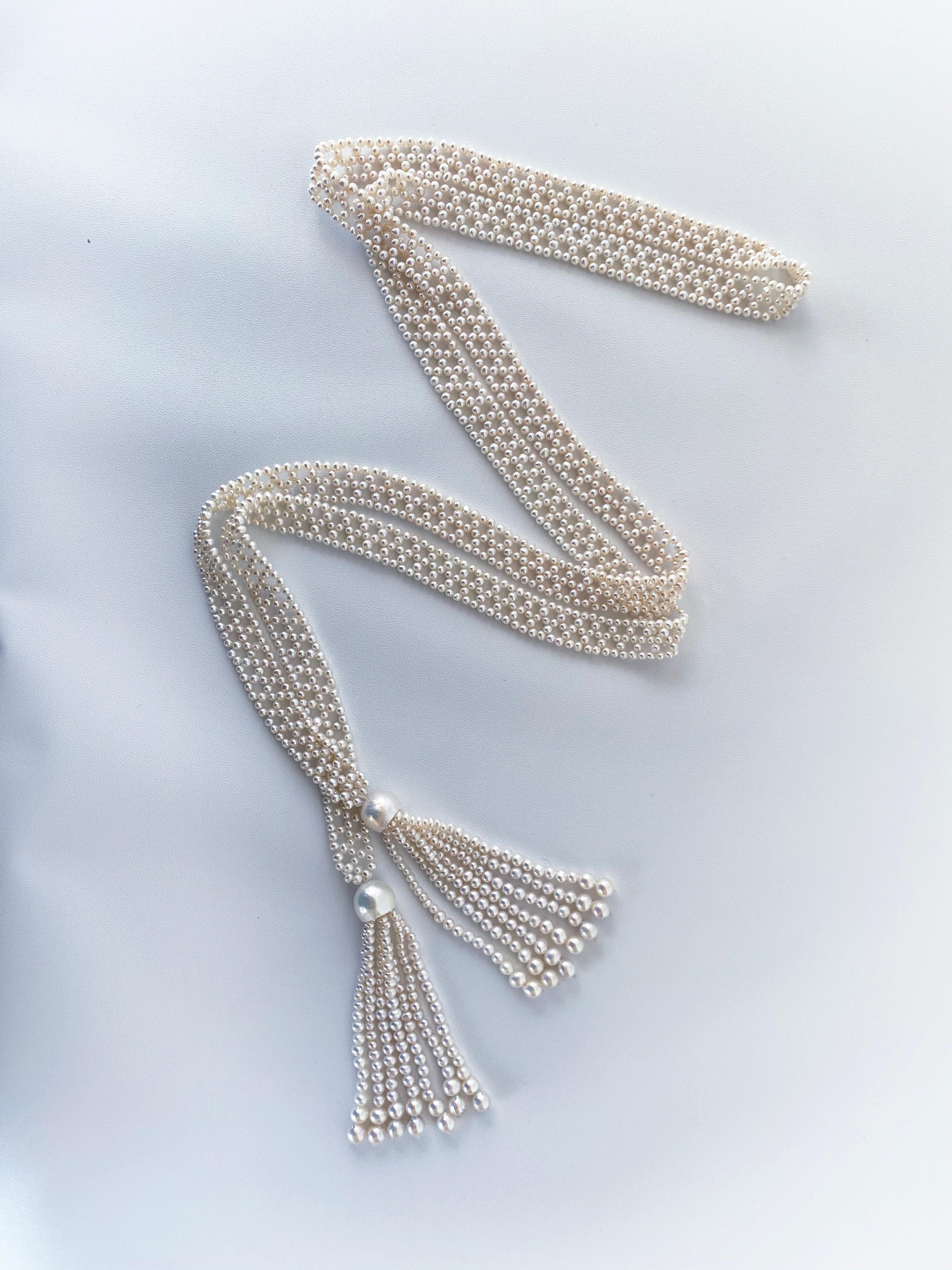 Marina J Woven White Pearl Sautoir with Graduated White Pearl Tassels  In New Condition In Los Angeles, CA
