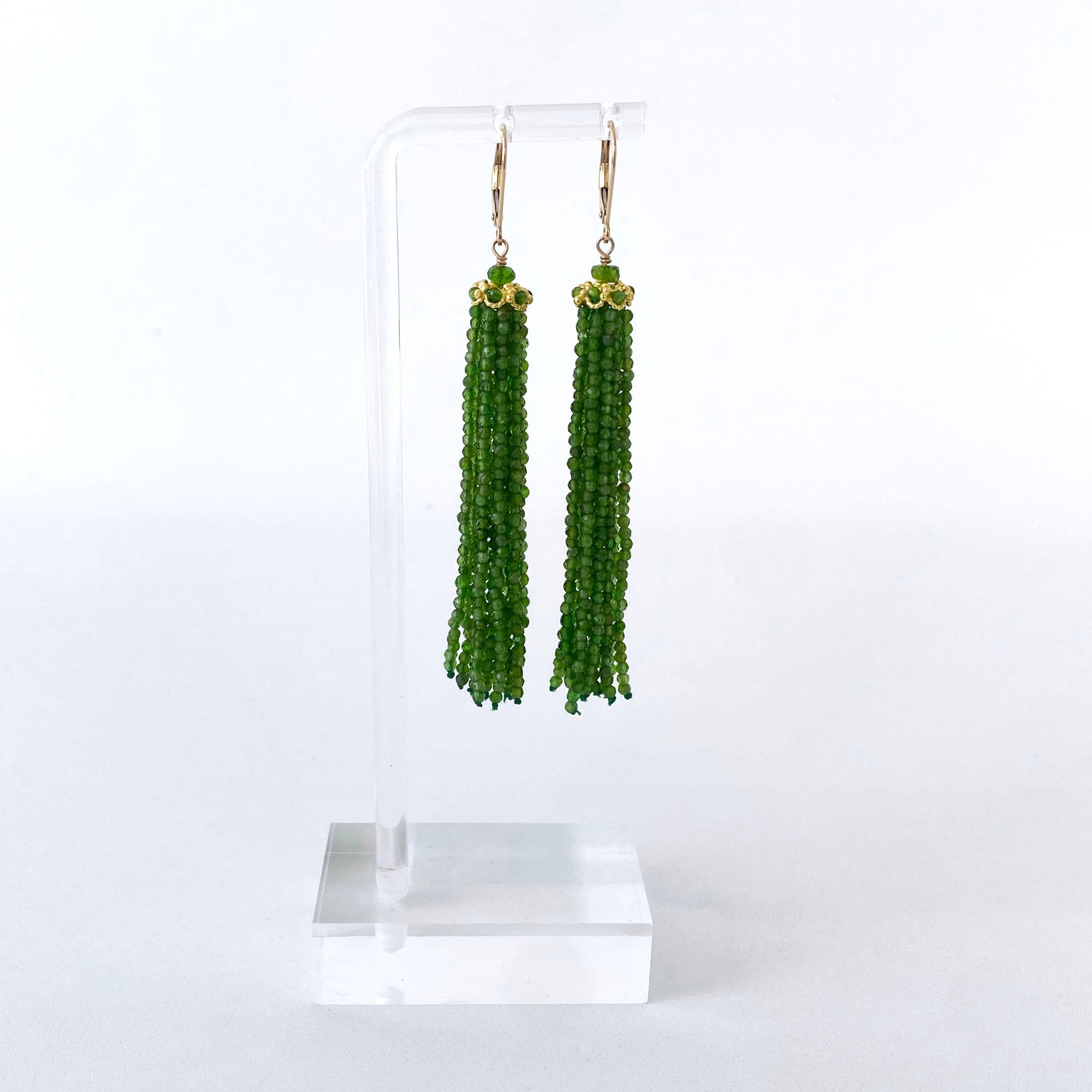 Women's or Men's Marina J Chrome Diopside Tassel Earrings, solid 14k Yellow Gold & Lever Backs For Sale