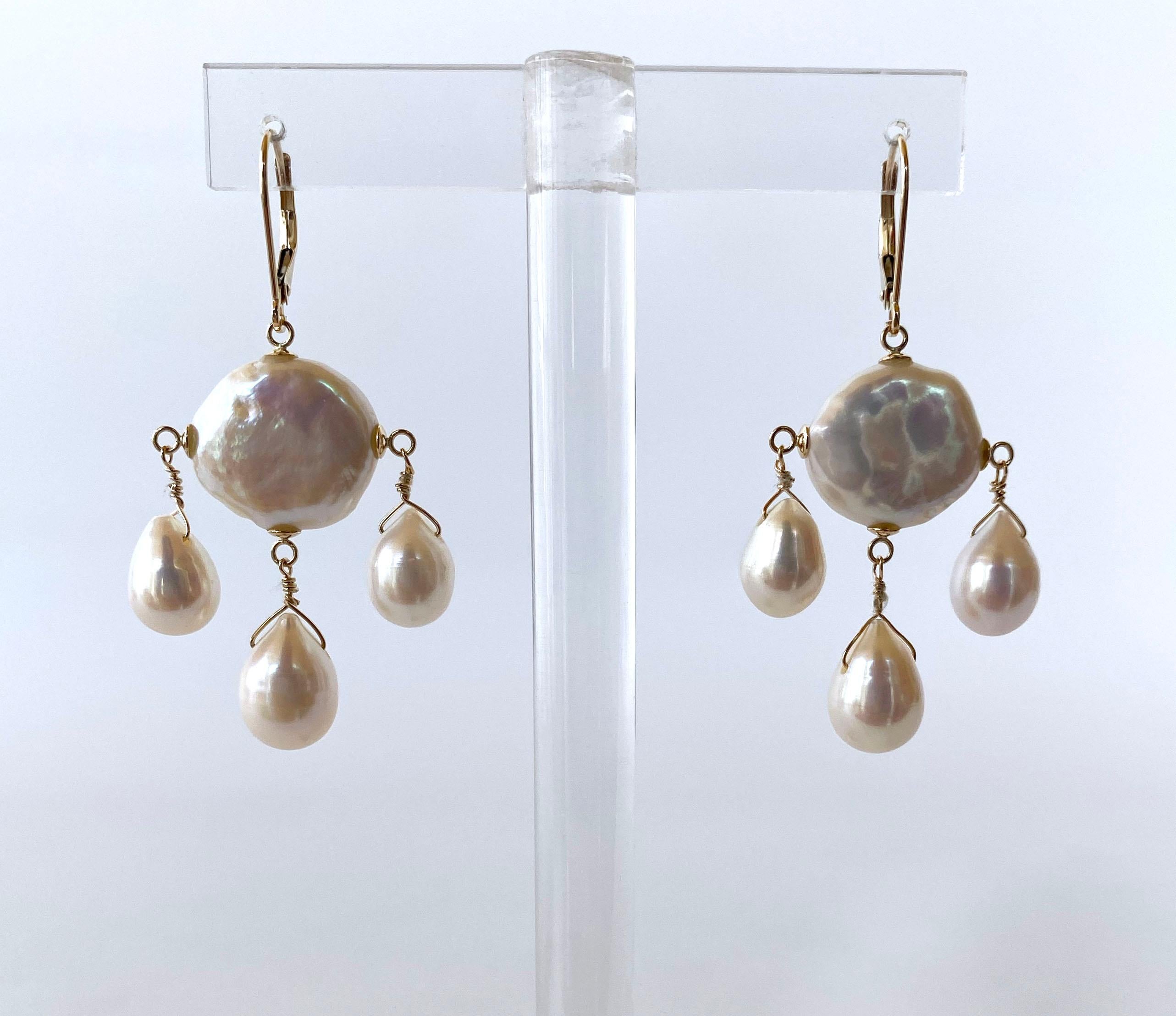 Artisan Marina J. Coin & Baroque Pearl Chandelier Earrings with solid 14k Yellow Gold For Sale