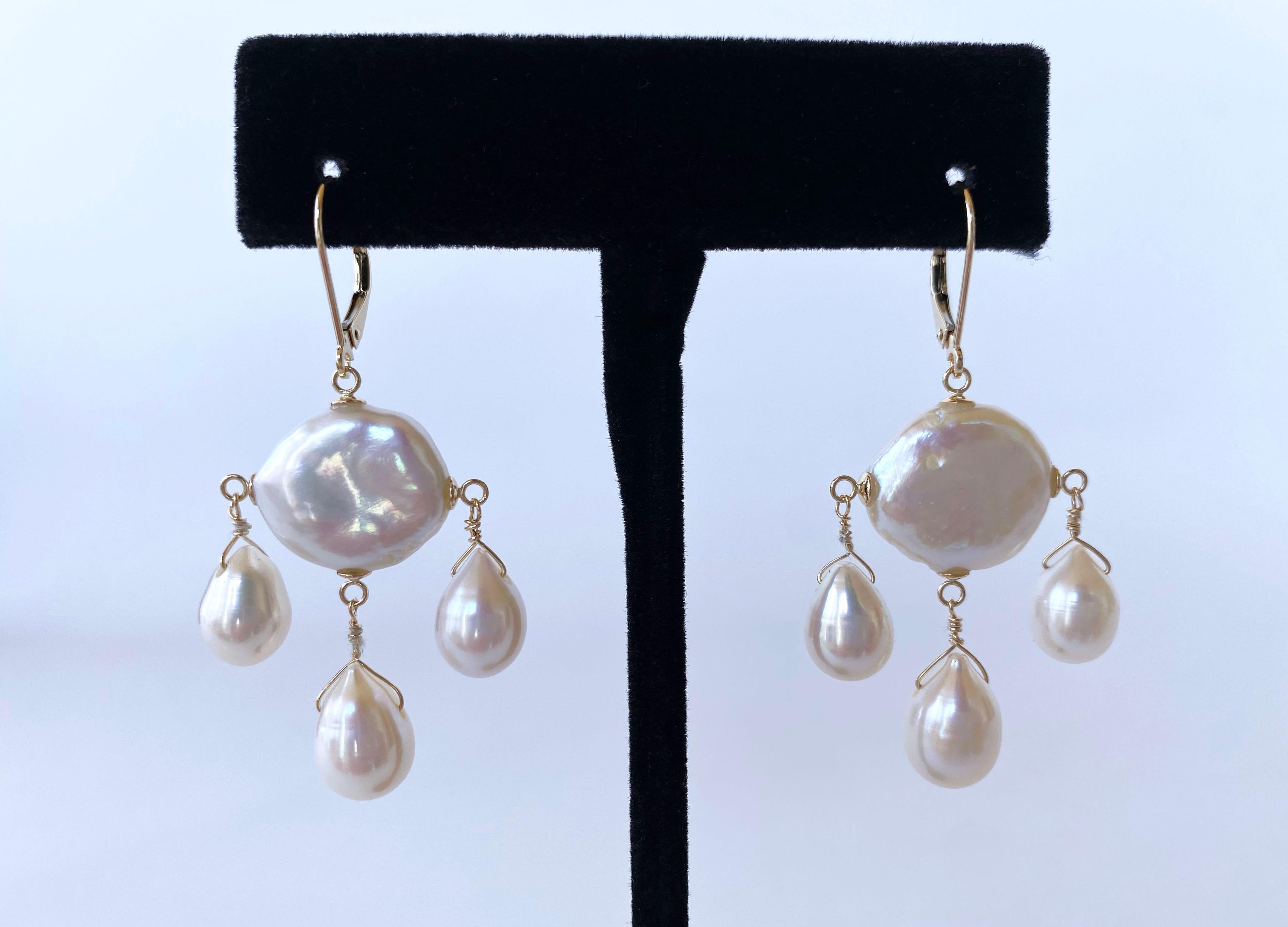Bead Marina J. Coin & Baroque Pearl Chandelier Earrings with solid 14k Yellow Gold For Sale
