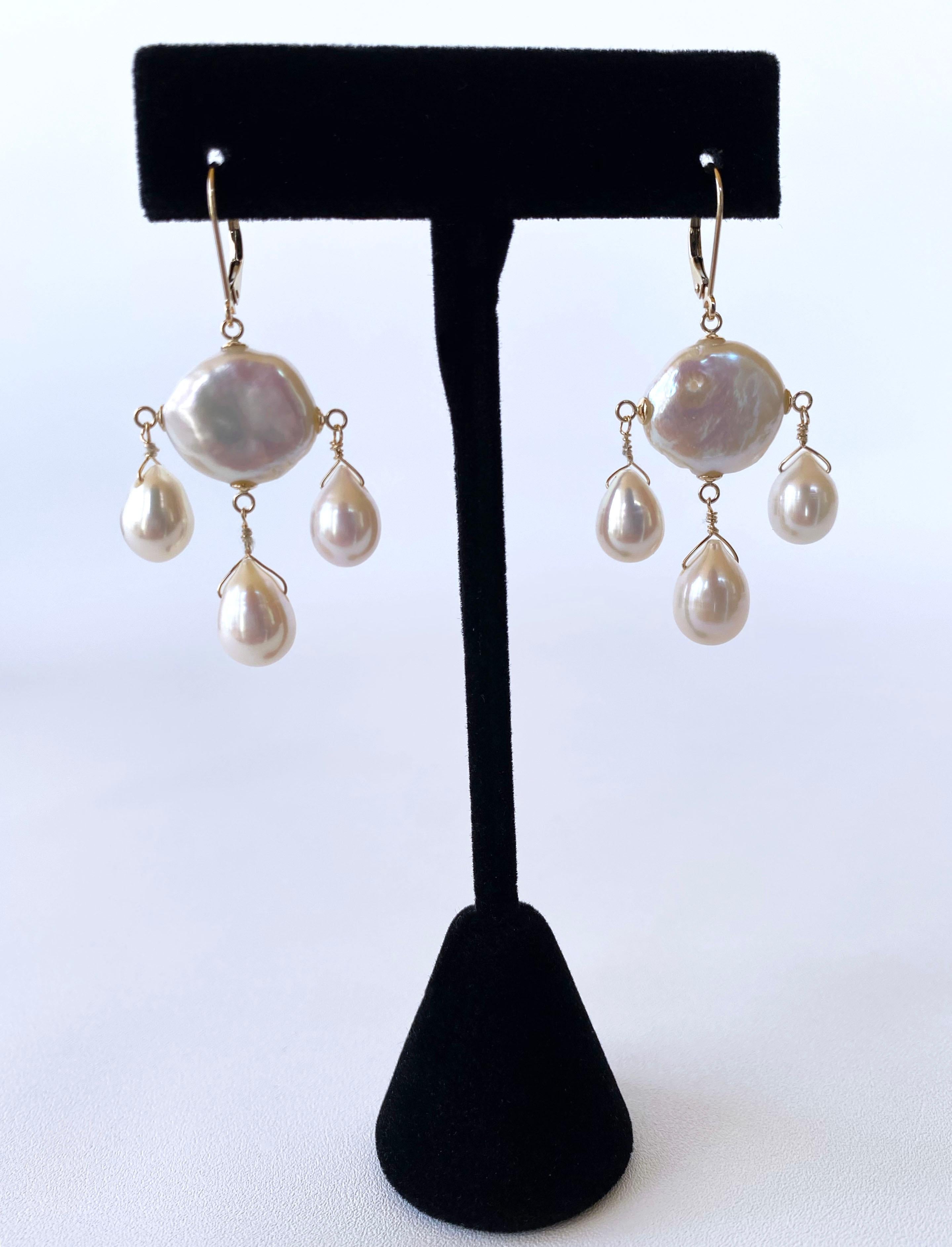 Marina J. Coin & Baroque Pearl Chandelier Earrings with solid 14k Yellow Gold In New Condition For Sale In Los Angeles, CA