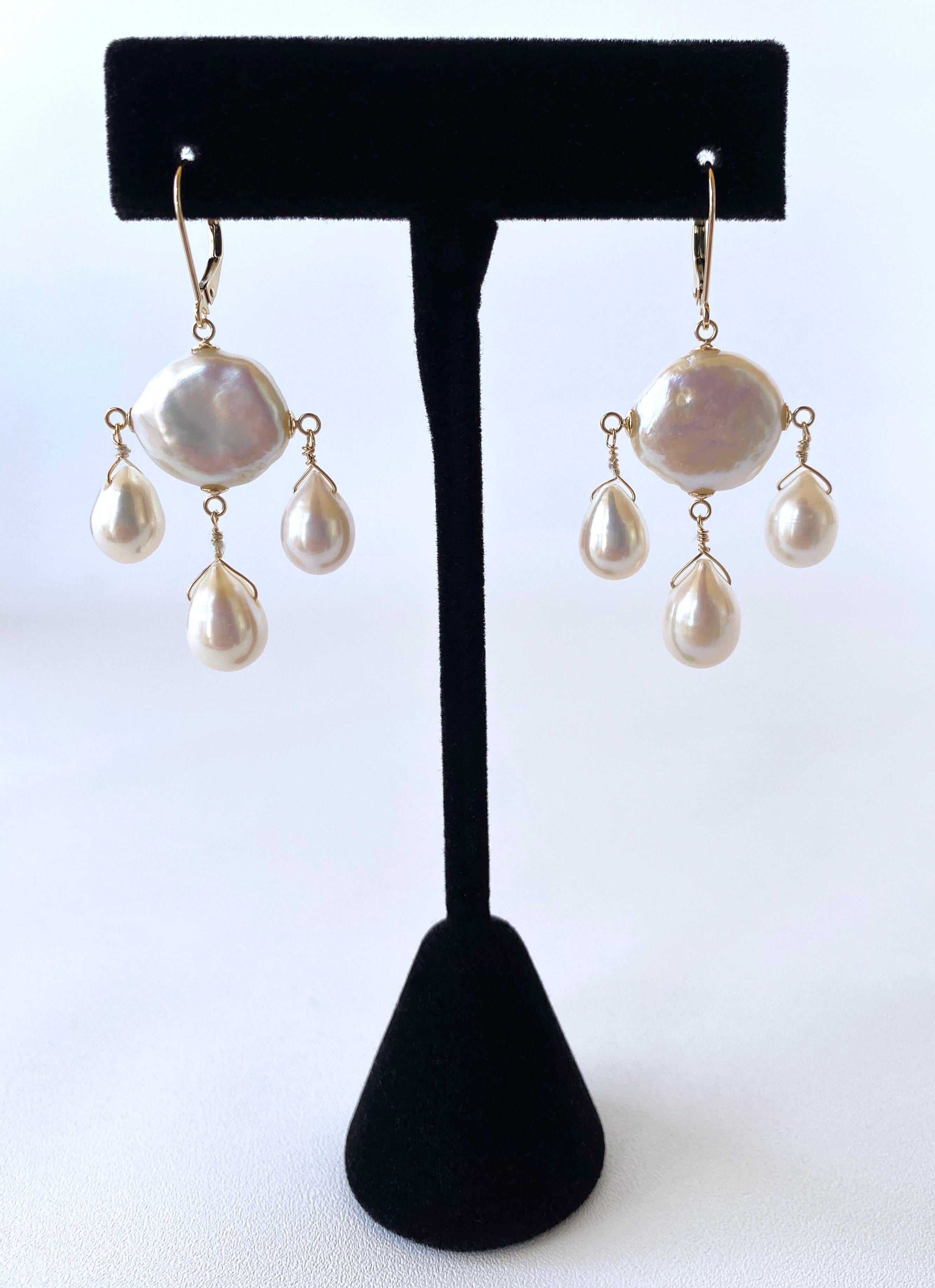 Women's Marina J. Coin & Baroque Pearl Chandelier Earrings with solid 14k Yellow Gold For Sale