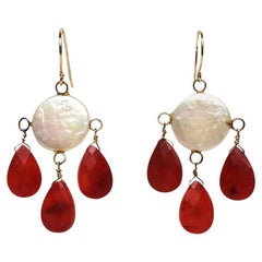 Marina J. Coin Pearl & Coral Chandelier Earrings with 14k Yellow Gold