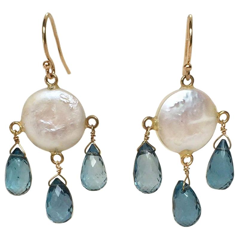 Marina J Coin Pearl, London Blue Topaz Drop Earrings with 14k Yellow Gold Hook