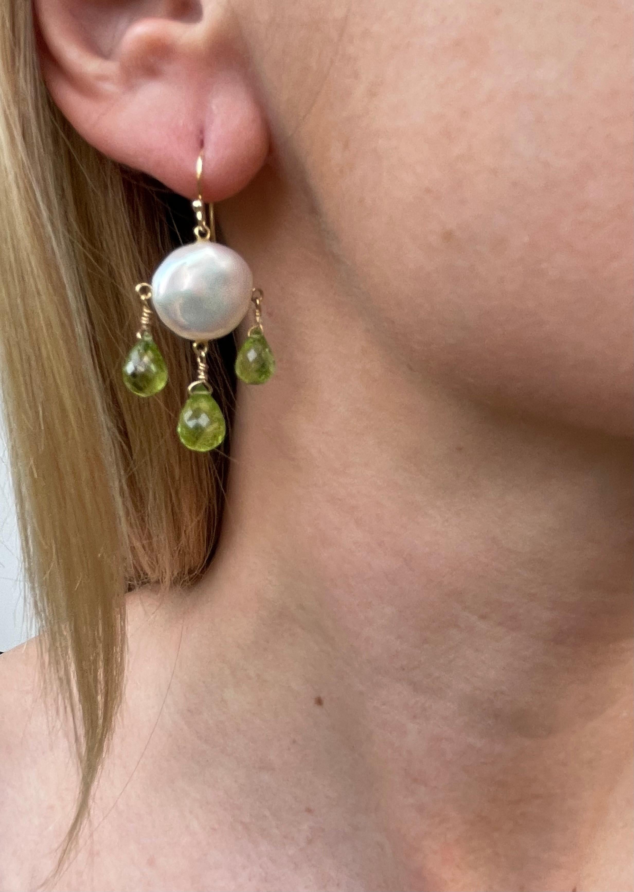 Artist Marina J. Coin Pearl & Peridot Chandelier Earrings with 14k Yellow Gold For Sale