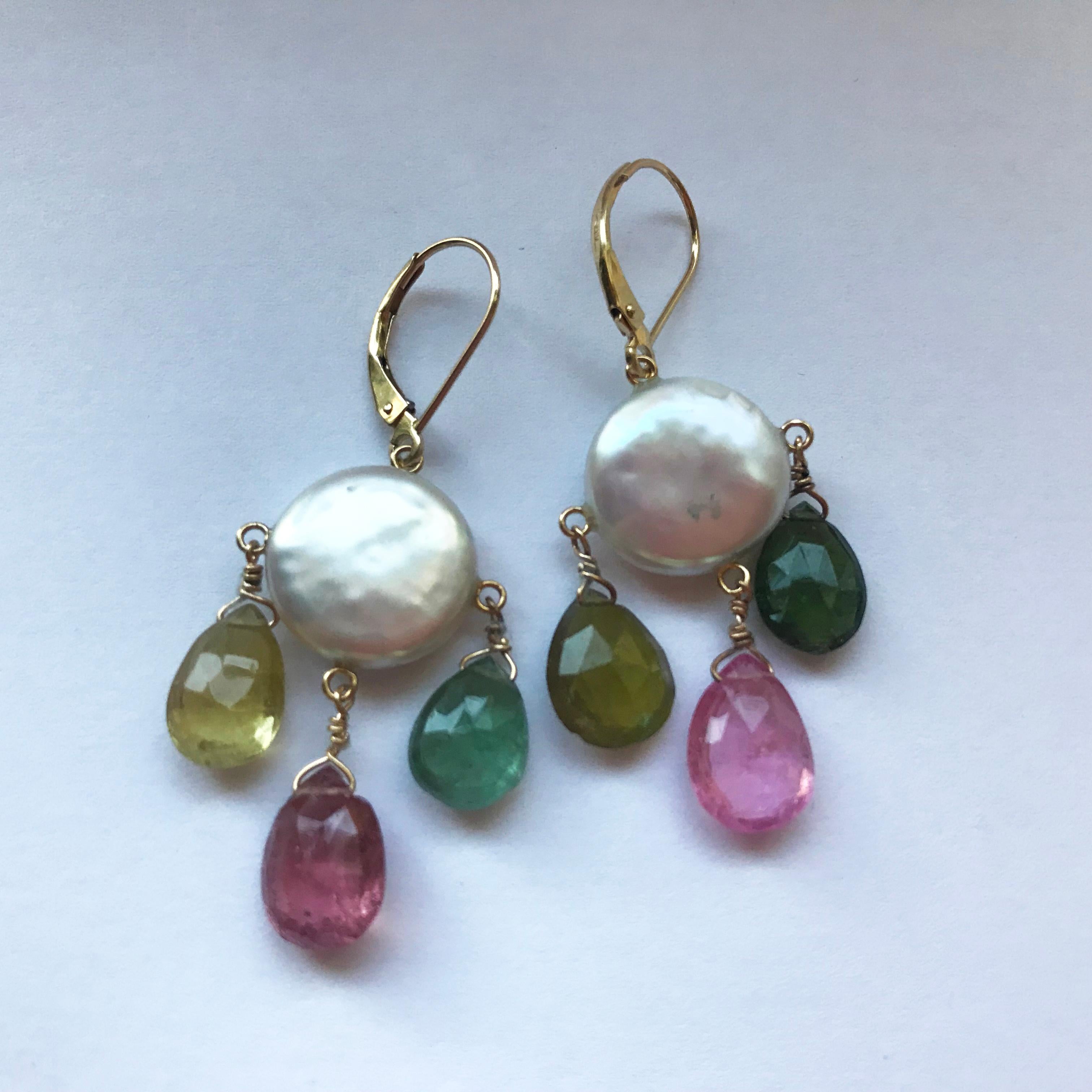 Marina J presents this fun but yet classical coin white pearls, with multi-colored tourmaline briolettes and 14k yellow gold wiring and lever backs. Inspired by a spring-themed color pallet, these elegant yet whimsical earrings are intentionally