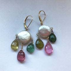 Marina J Coin Shaped Pearl, Multicolored Tourmaline Briolets and 14 Karat Gold