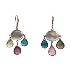 Marina J Coin Shaped Pearl, Multicolored Tourmaline Briolets and 14 Karat Gold