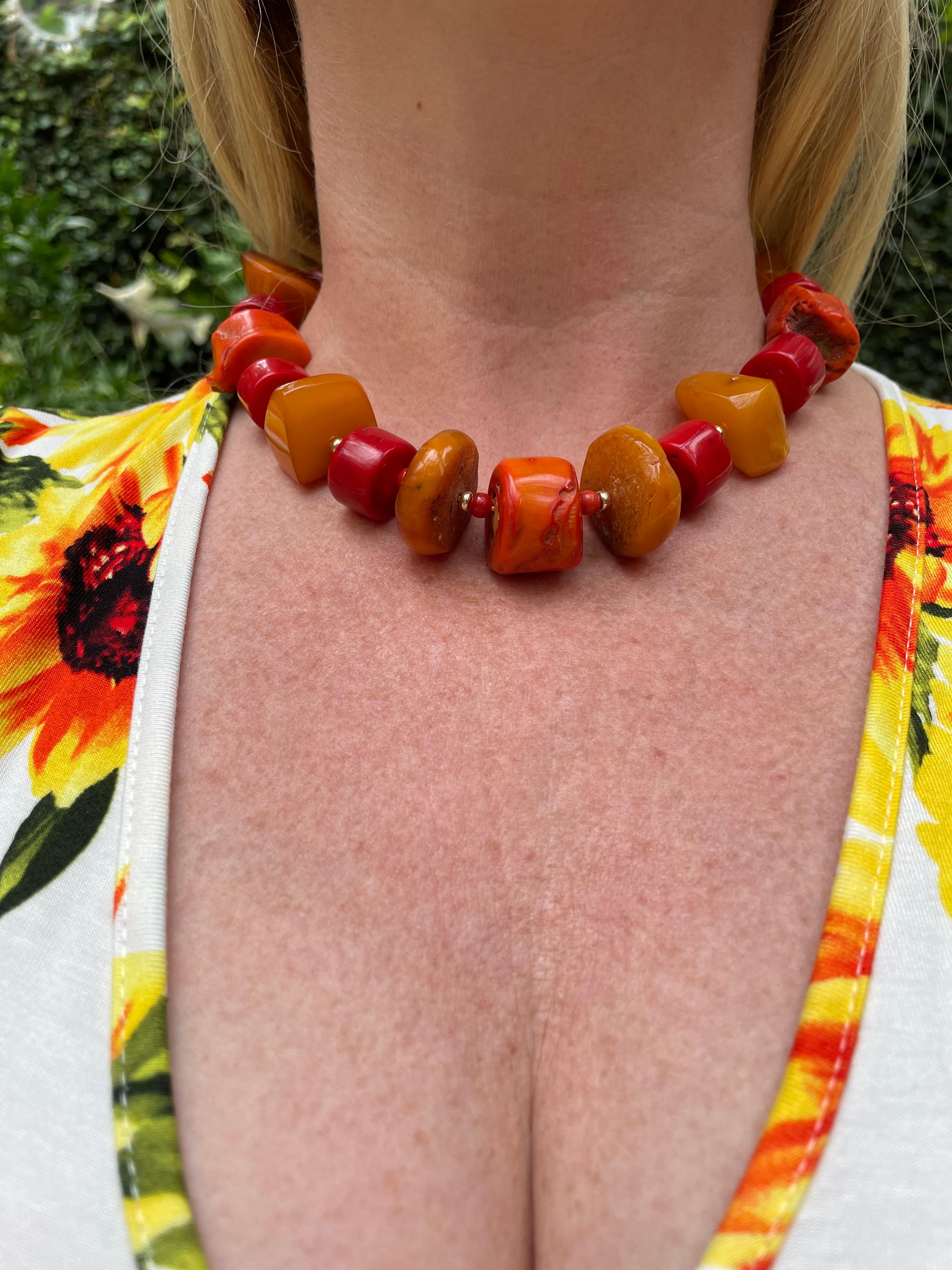 Bead Marina J. Coral, Amber and 14K Yellow Gold Necklace