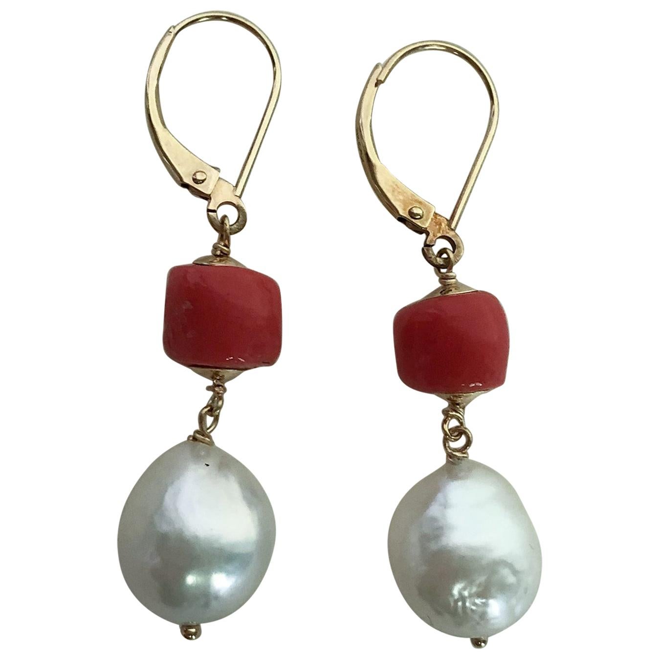 Marina J. Coral and White Pearl Drop Earrings with 14 Karat Gold Lever-Backs