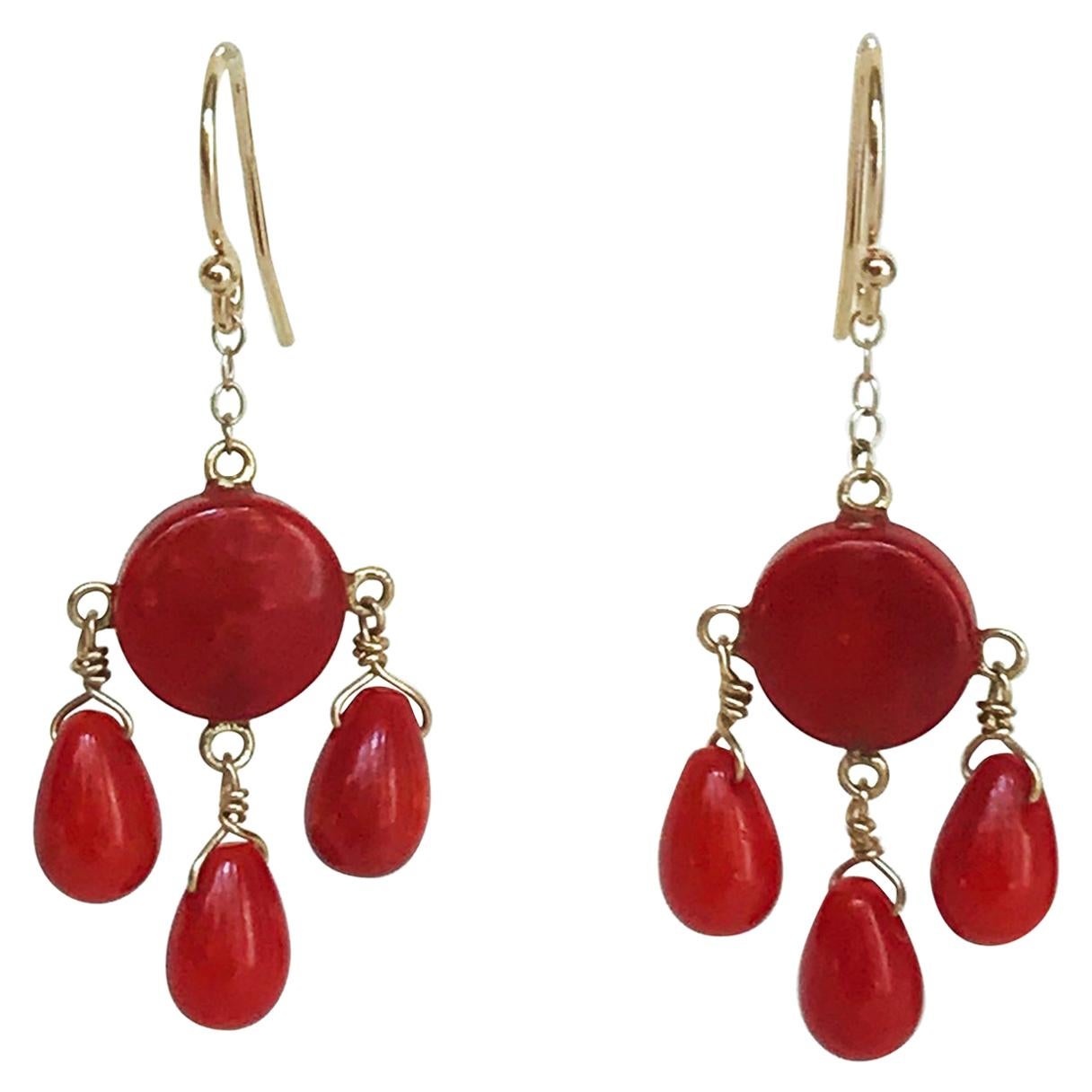 Edwardian Coral Diamond 14 Karat Gold Platinum Drop Earrings at 1stDibs