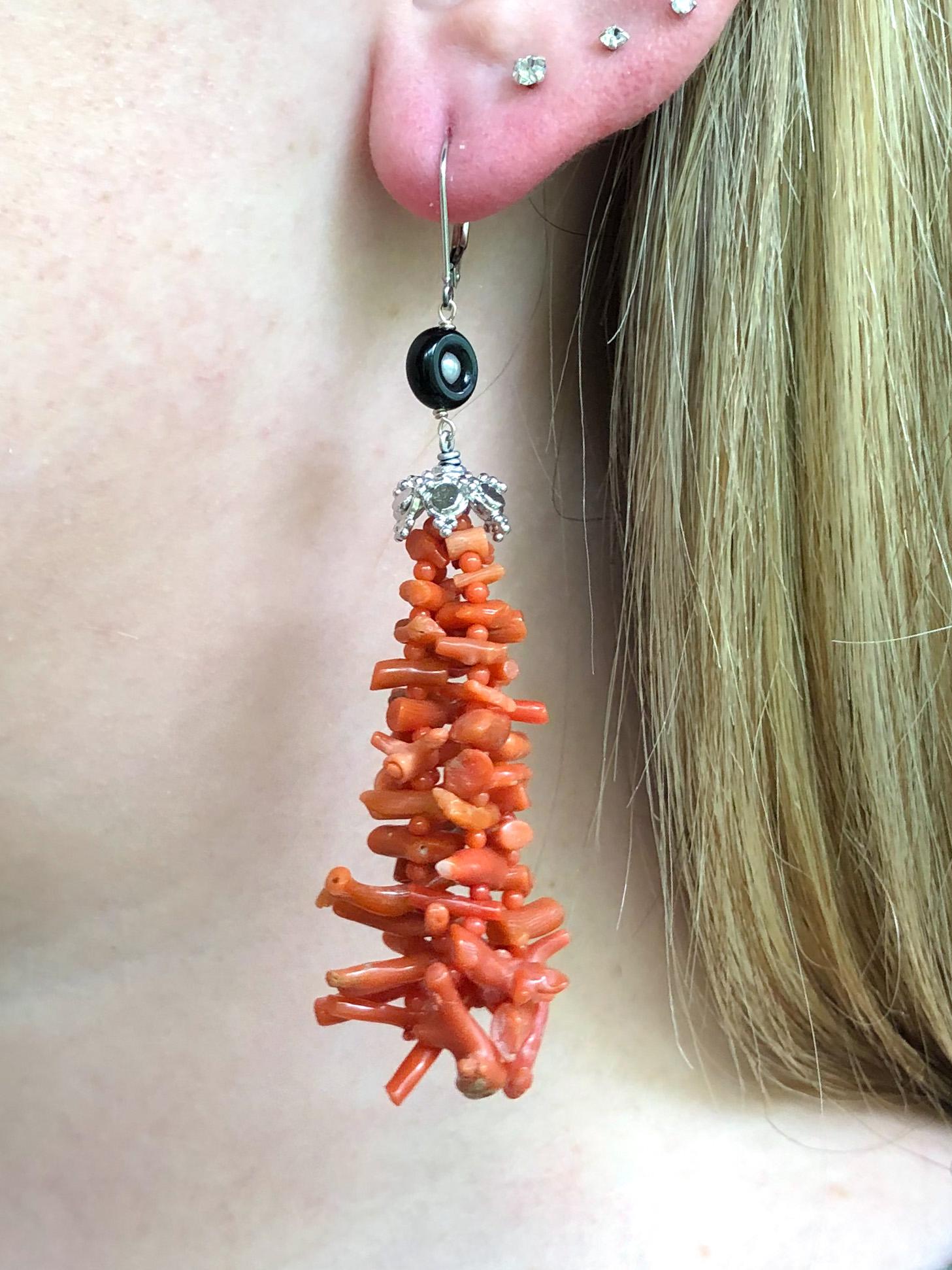 Brilliant Cut Marina J. Coral Tassel Earrings with Black Onyx and Pearl and 14k White Gold