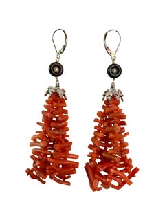 Marina J. Coral Tassel Earrings with Black Onyx and Pearl and 14k White Gold