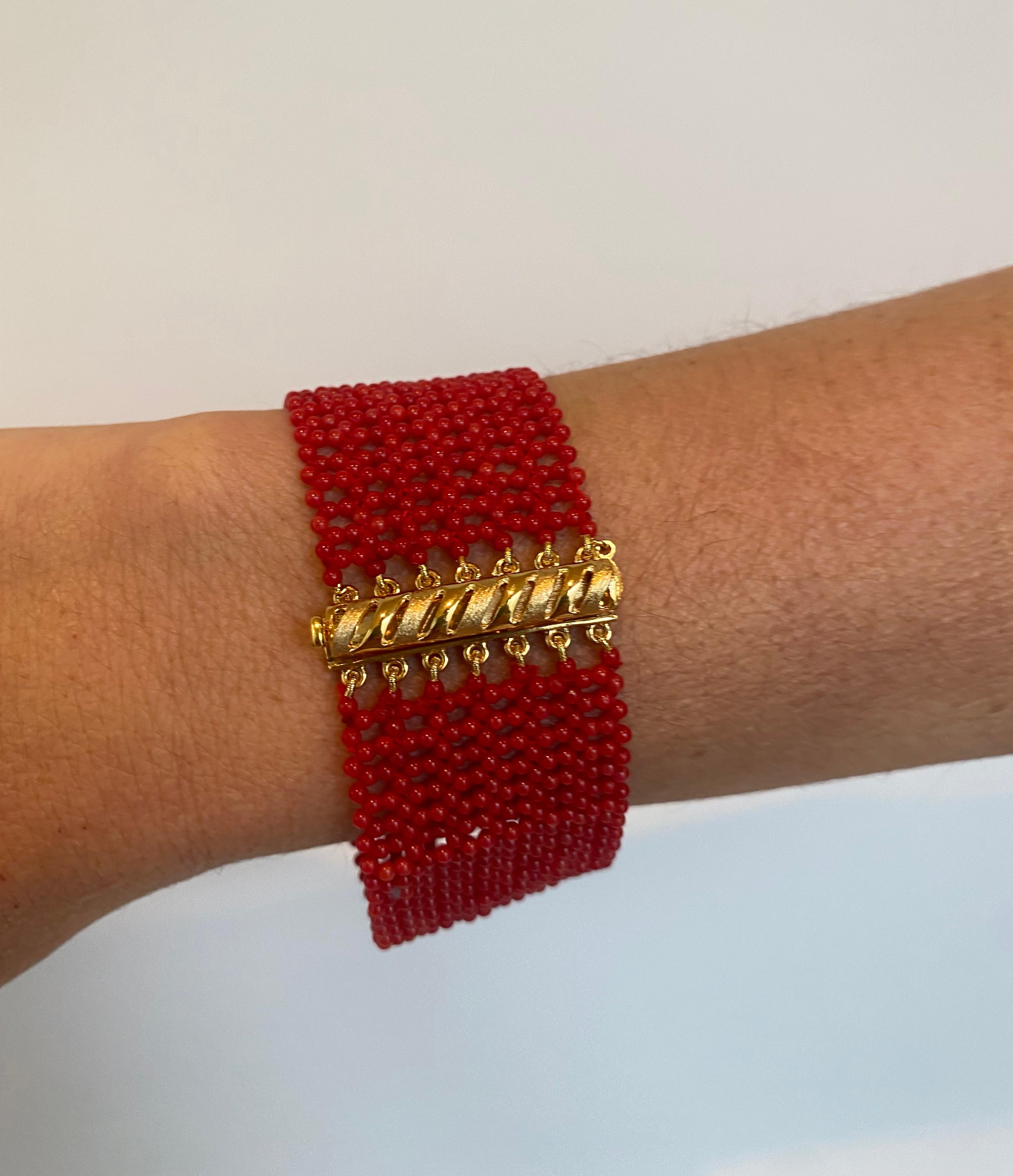 Bead Marina J. Coral Woven Bracelet with 14k Yellow Gold Plated Sterling Silver Clasp For Sale