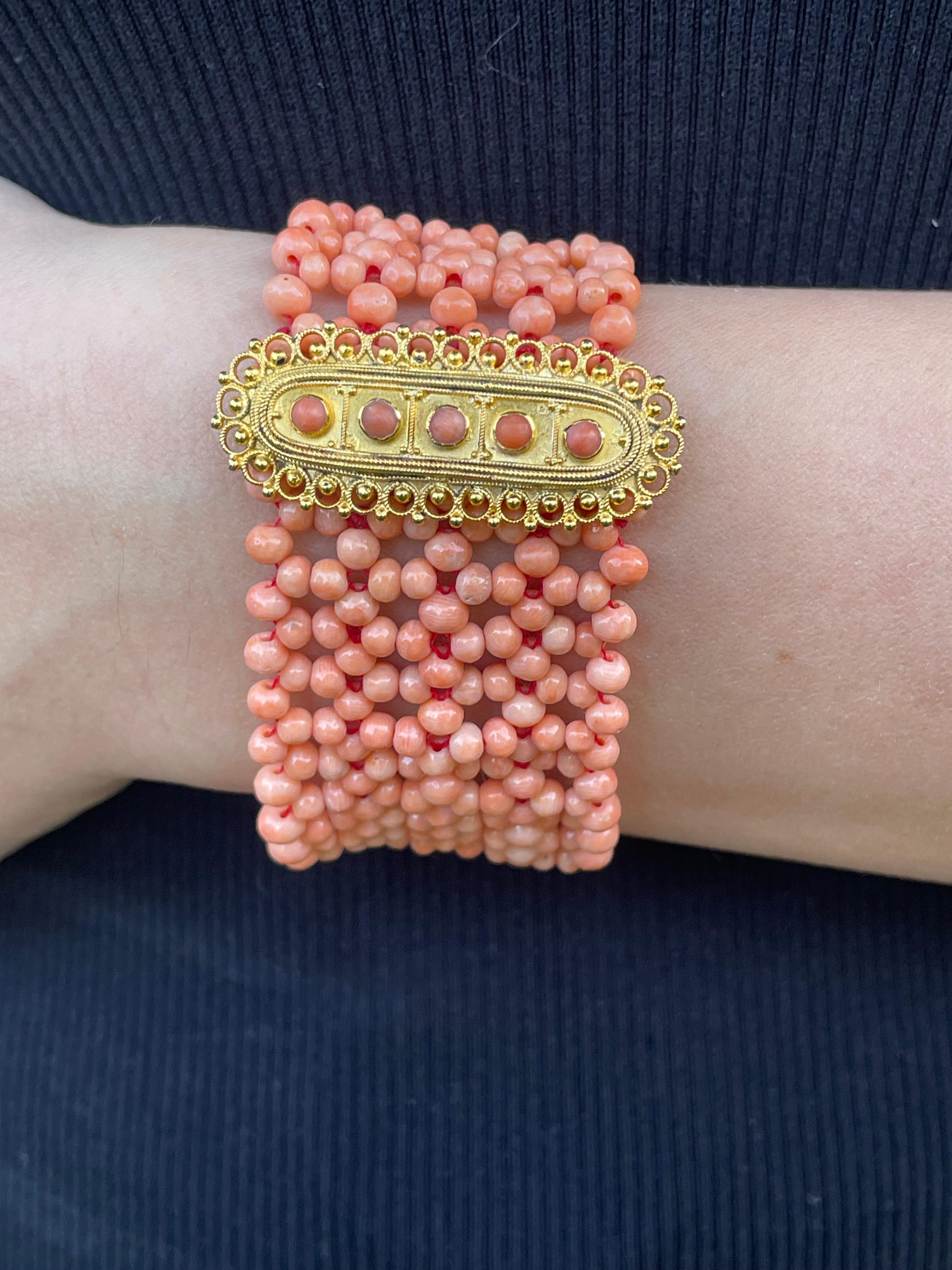 Bead Marina J. Coral Woven Bracelet with 18k Yellow Gold Plated Centerpiece & Clasp