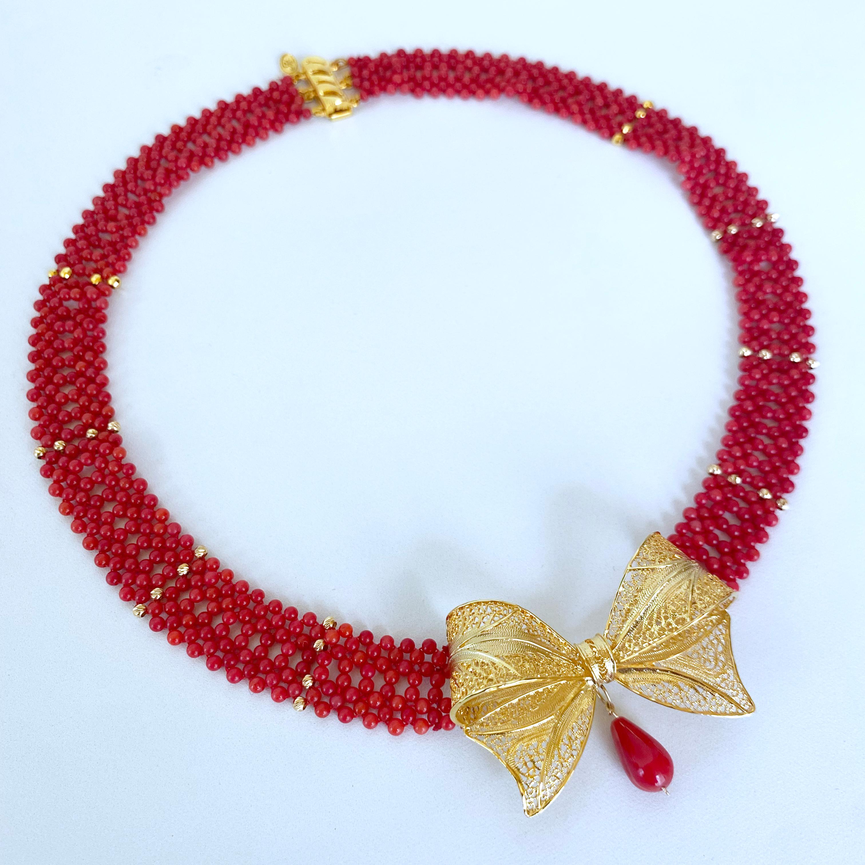 Marina J Coral Woven Necklace with 18k Plated Bowtie Centerpiece & Detailings For Sale 5