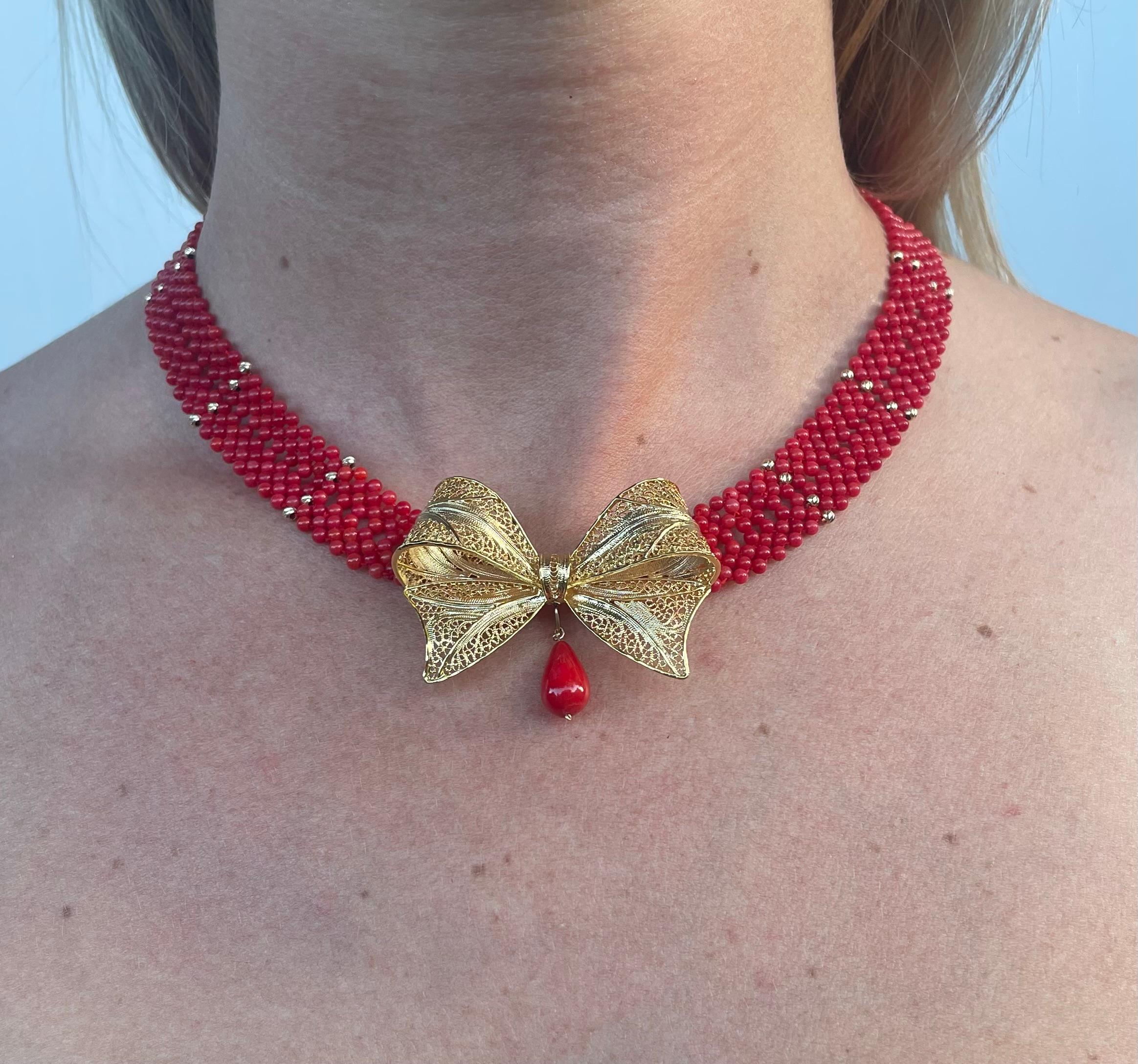 Artisan Marina J Coral Woven Necklace with 18k Plated Bowtie Centerpiece & Detailings For Sale