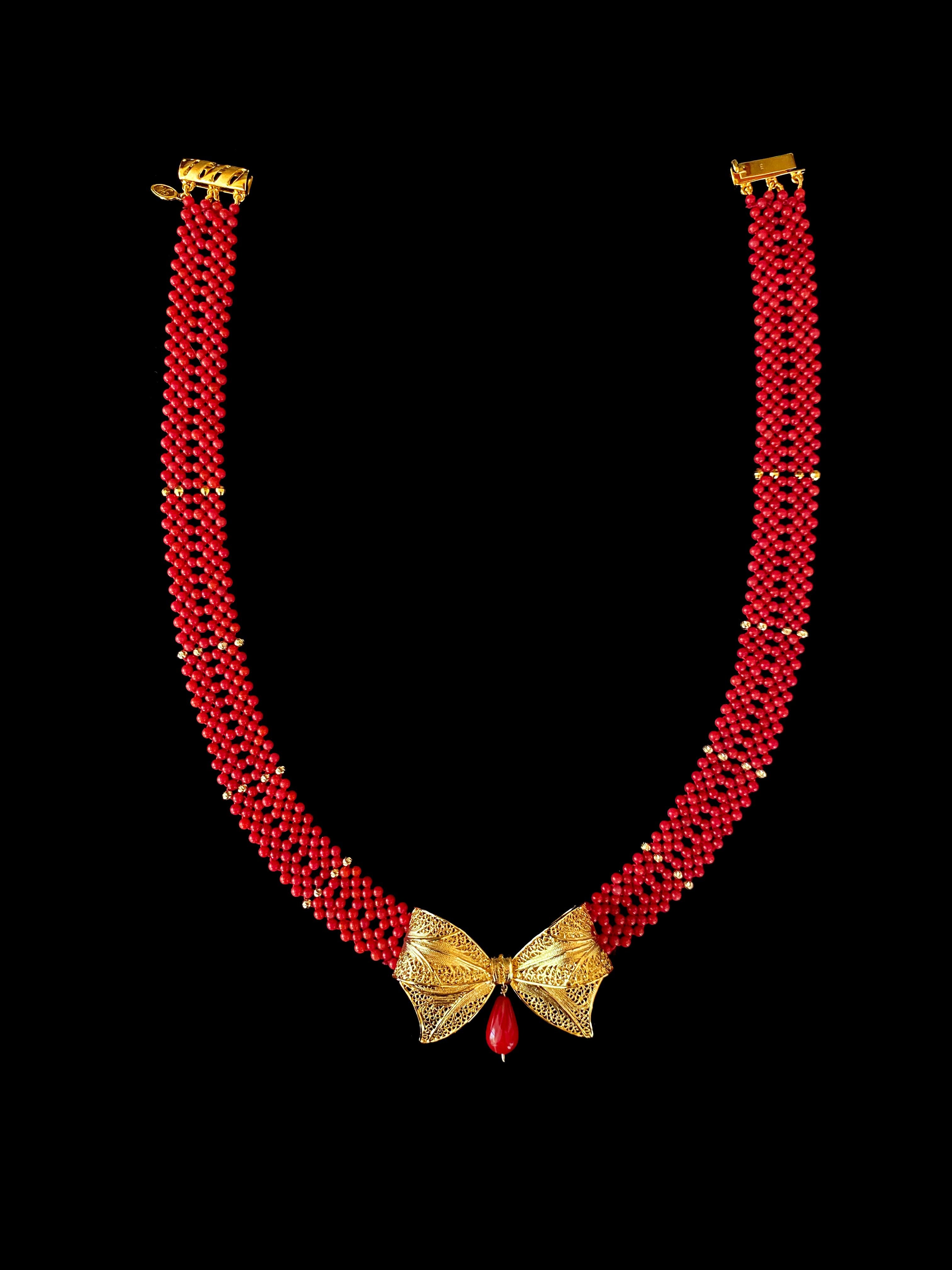 Marina J Coral Woven Necklace with 18k Plated Bowtie Centerpiece & Detailings For Sale 1