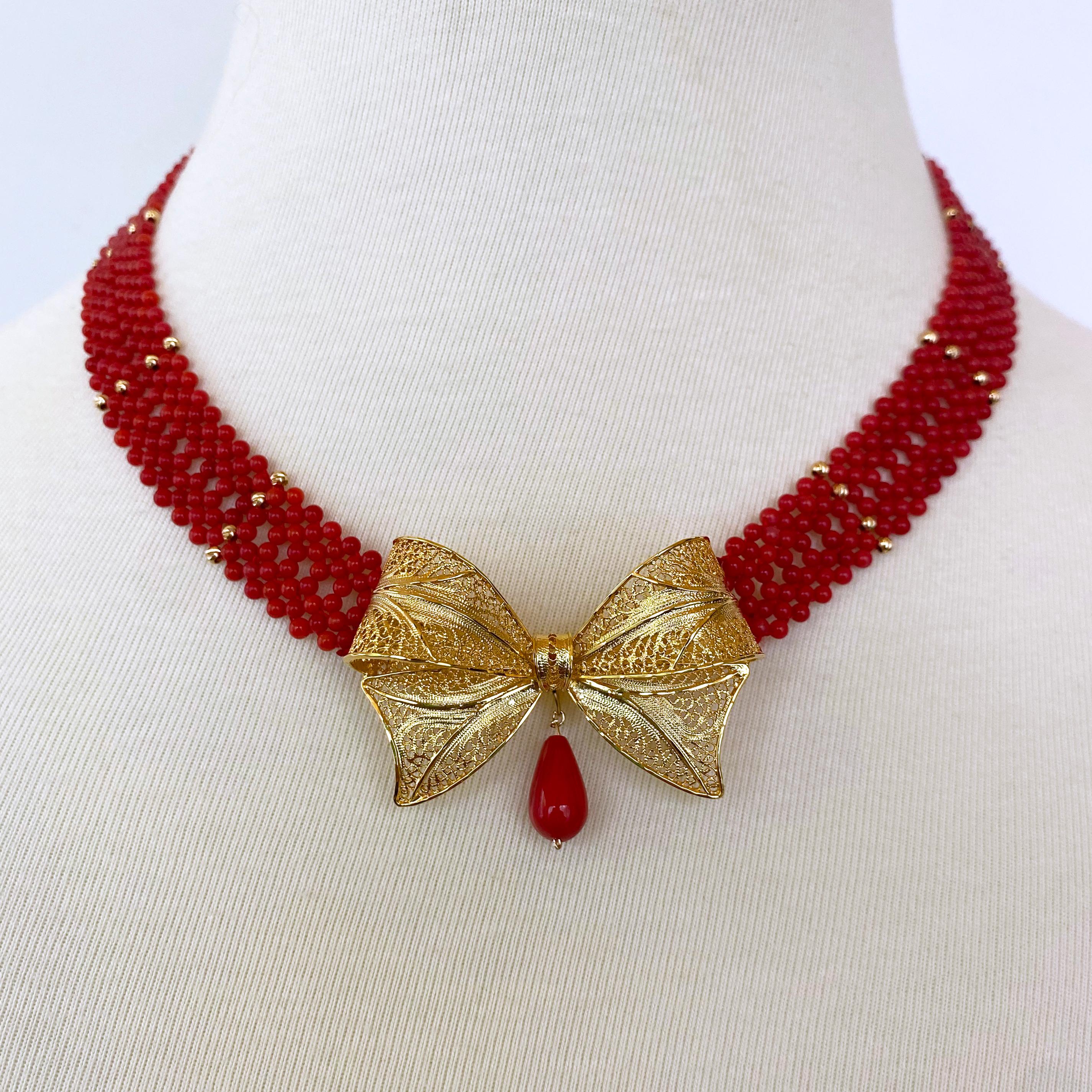 Marina J Coral Woven Necklace with 18k Plated Bowtie Centerpiece & Detailings For Sale 2